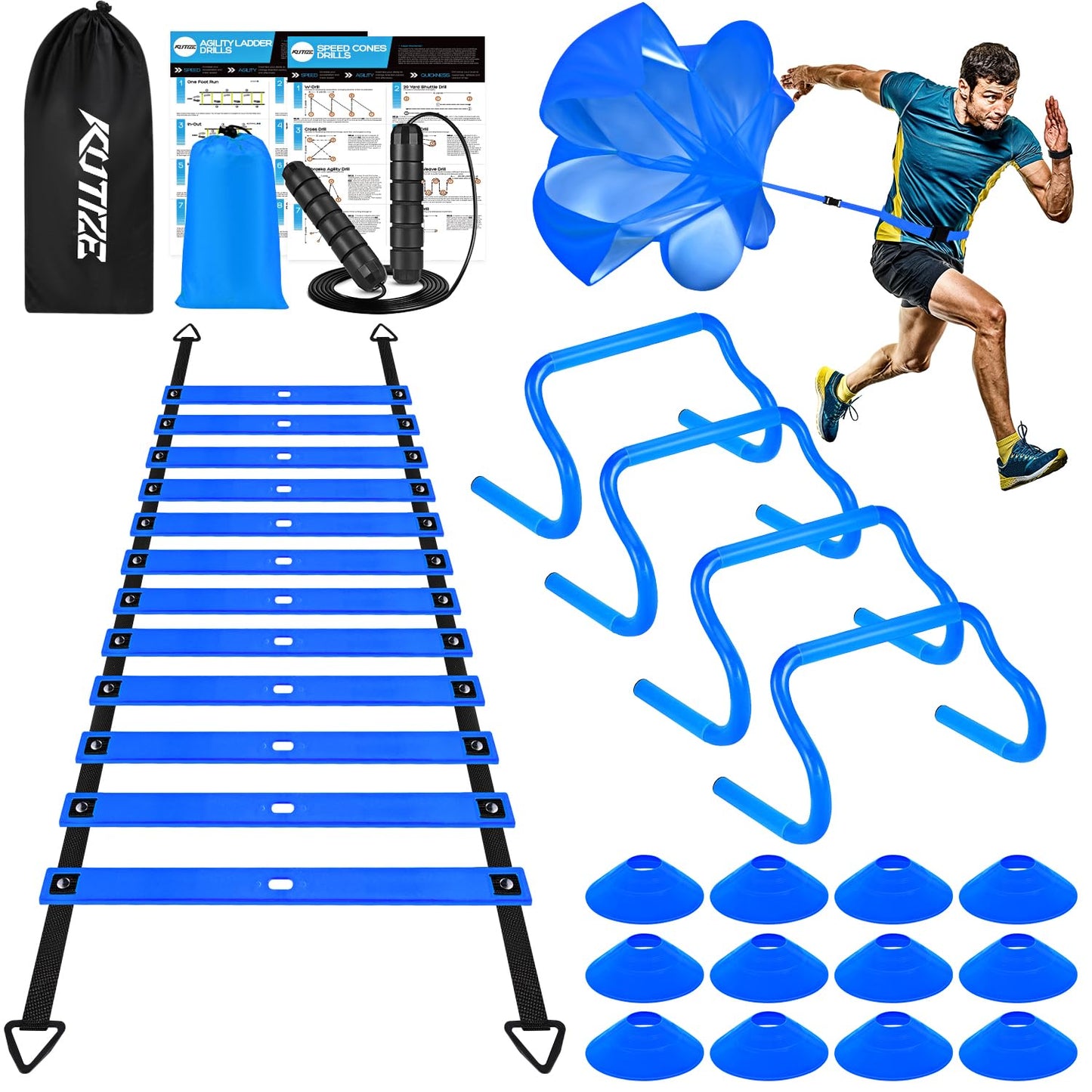 KUTIZE Agility Training Equipment, Soccer Training Equipment, Agility Speed Training Set for Kid Youth Adult, 20FT Agility Ladder, 4 Hurdles,12 Soccer Cones, Jump Rope, Running Parachute, Drill Charts