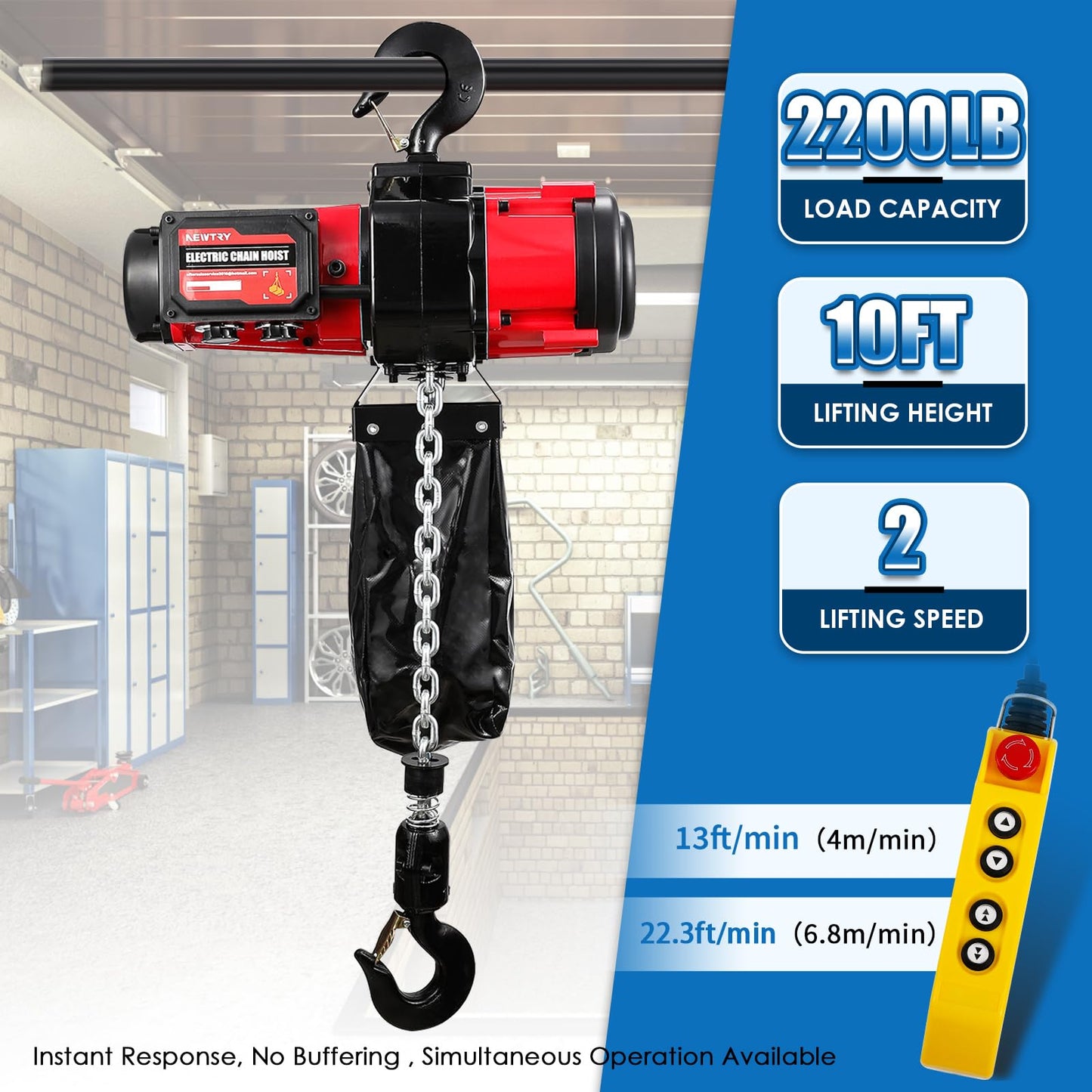 NEWTRY 2-Speed Electric Chain Hoist 2200lb, Pendant & Remote Control, 13ft/min & 22.3ft/min Brushless Overhead Crane Lift, G80 10ft Lifting Height Power Electric Hoists 110V