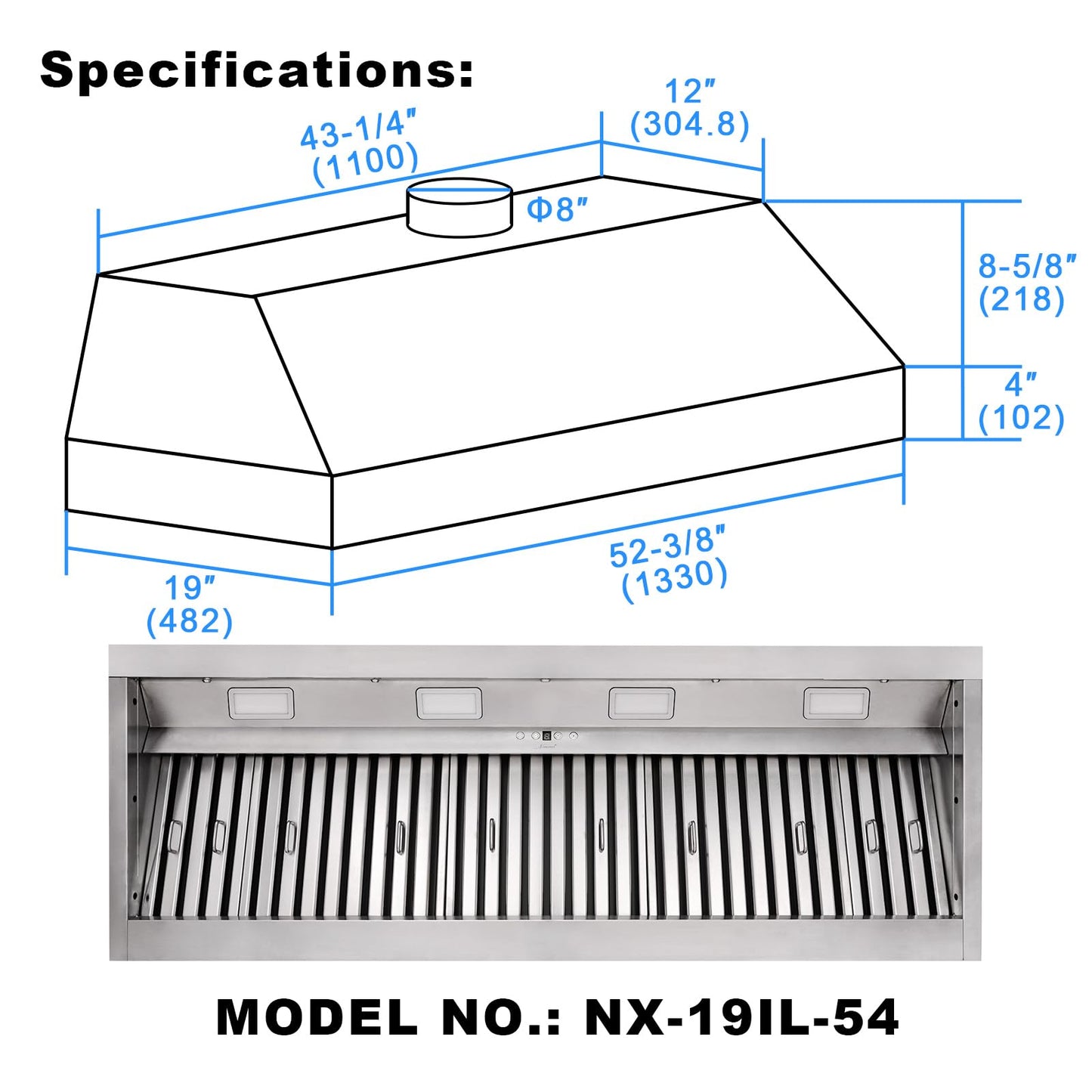 Akicon Range Hood Insert 54 Inch, 1200 CFM Built-in Kitchen Hood with 4 Speeds, Ultra-Quiet Stainless Steel Ducted Vent Hood Insert with Dimmable LED Lights and Dishwasher Safe Filters