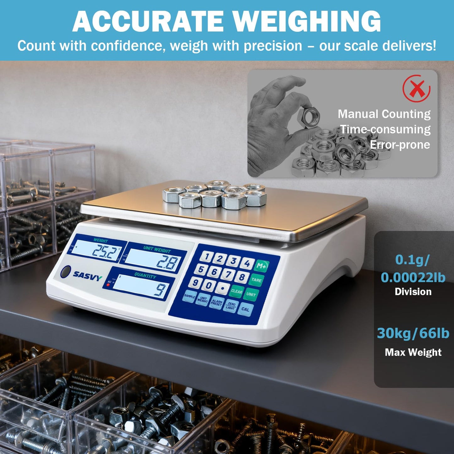 SASVY Counting Scale (66lb/30kg, 0.1g) lb/oz/kg/g Industrial Digital Inventory Scale with Battery for Small Parts, Coins, Pieces, Tickets