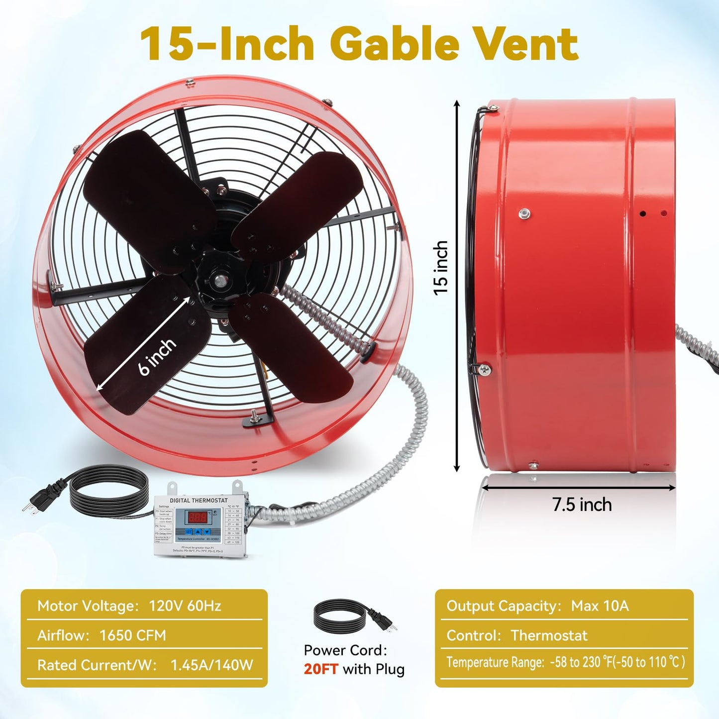 15" Gable Attic Fan with Thermostat, 1650CFM Plug-and-Play Attic Gable Vent Fan with Start Capacitor for 2500 sq.ft, Quiet Attic Exhaust Fan with Thermostat & 20FT Power Cord for House Garage Shed