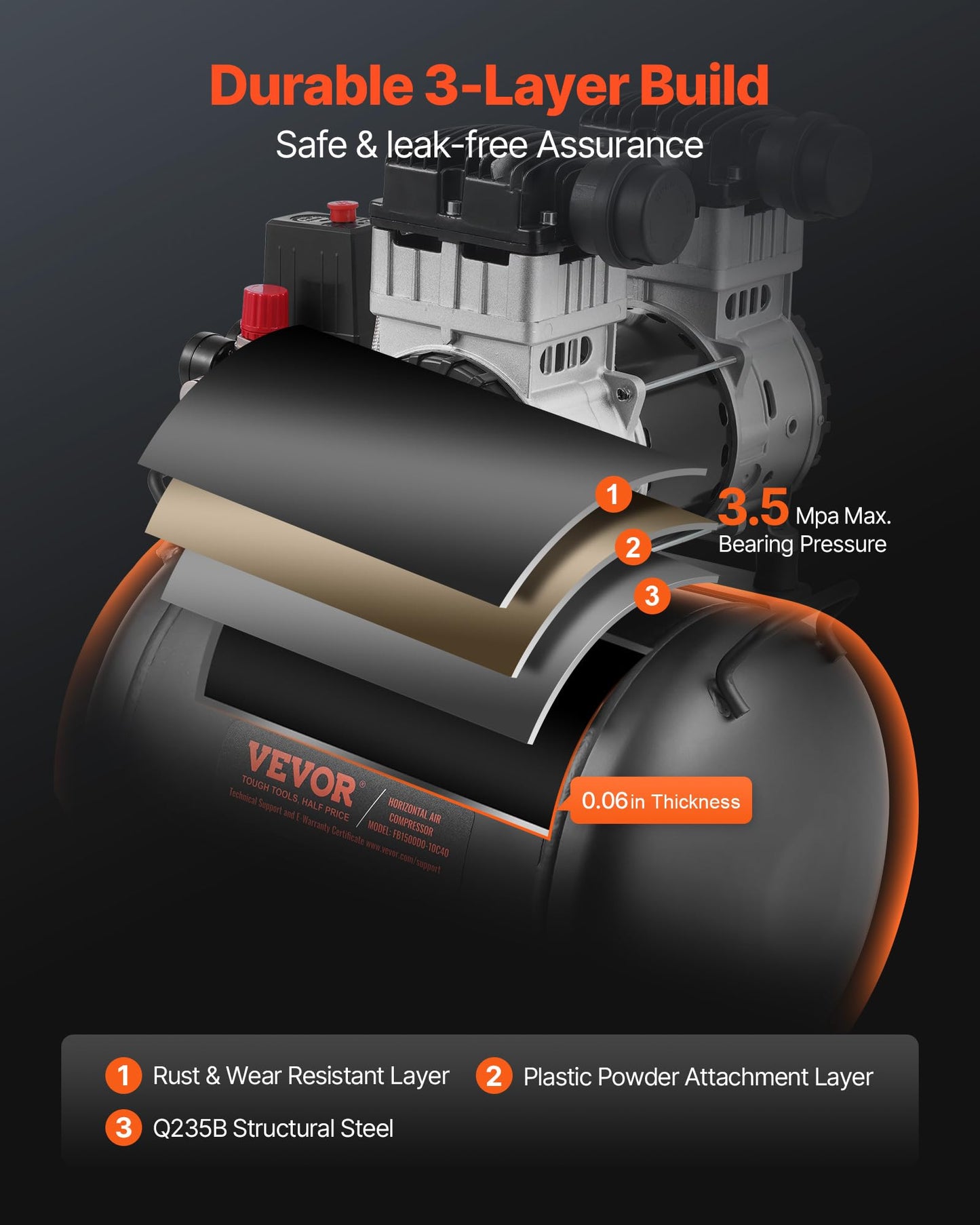 VEVOR Air Compressor, 10 Gallon Steel Tank, 2HP 5.3 CFM@90 PSI Oil Free Air Compressor & Max. 125PSI Pressure, 78dB Ultra Quiet Portable Compressor, for Auto Repair, Tire Inflation, Spray Painting
