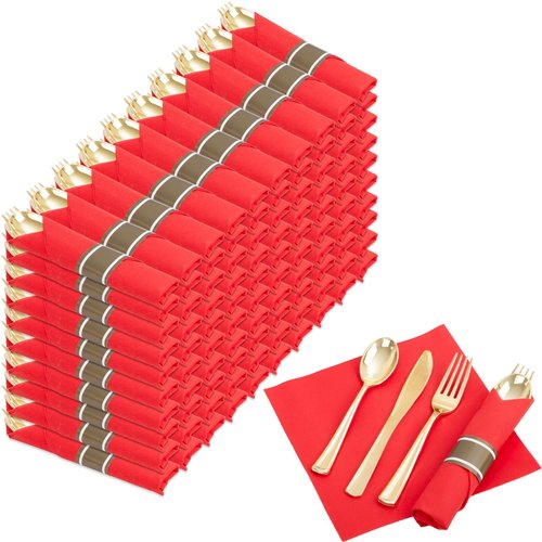 Nervure 400PCS Pre Rolled Gold Plastic Silverware Sets - Heavy Duty Gold Cutlery - Include 100 Pack Wrapped Disposable Utensils with Red Napkins for Christmas & Party & Wedding