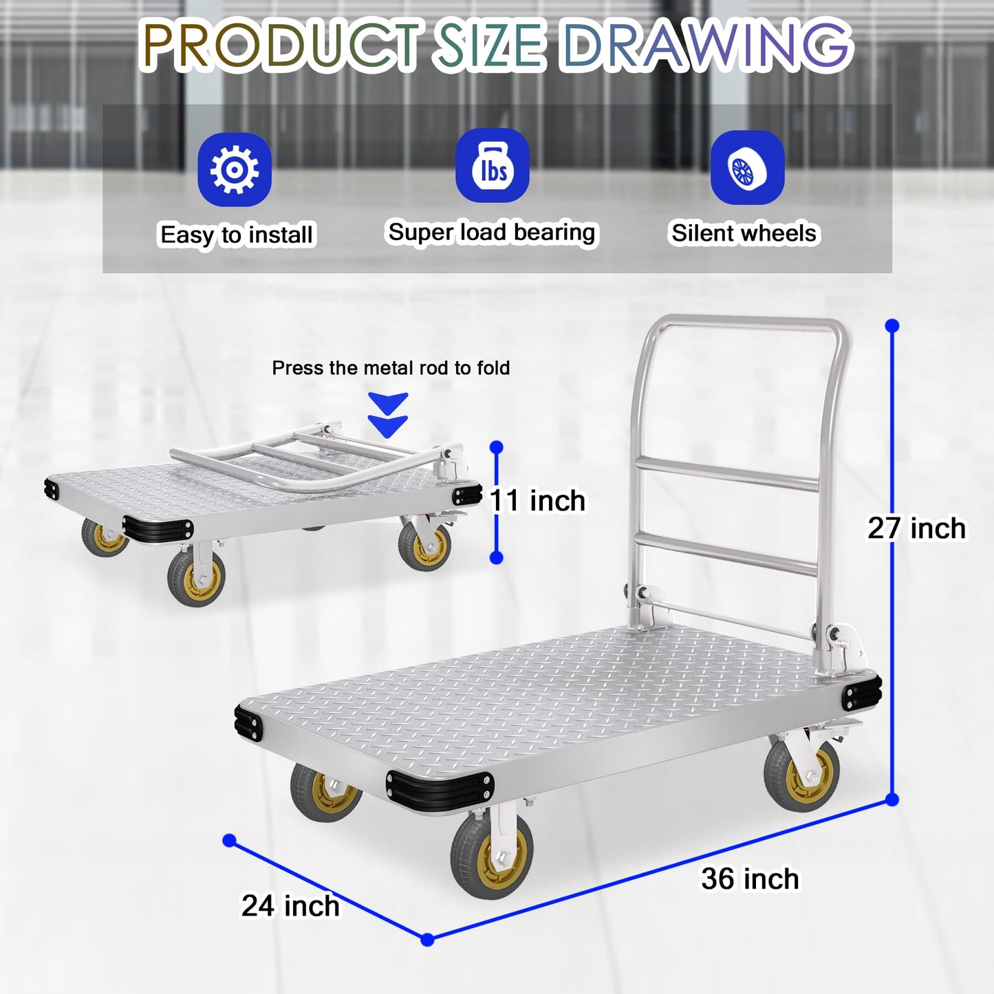 Platform Truck Heavy Duty Push Cart Dolly with 6'' Wheels 2000 LBS Capacity Steel Large Flatbed Cart Foldable Platform Dolly for Groceries, Garage, Warehouse, Equipment (36" X 24")