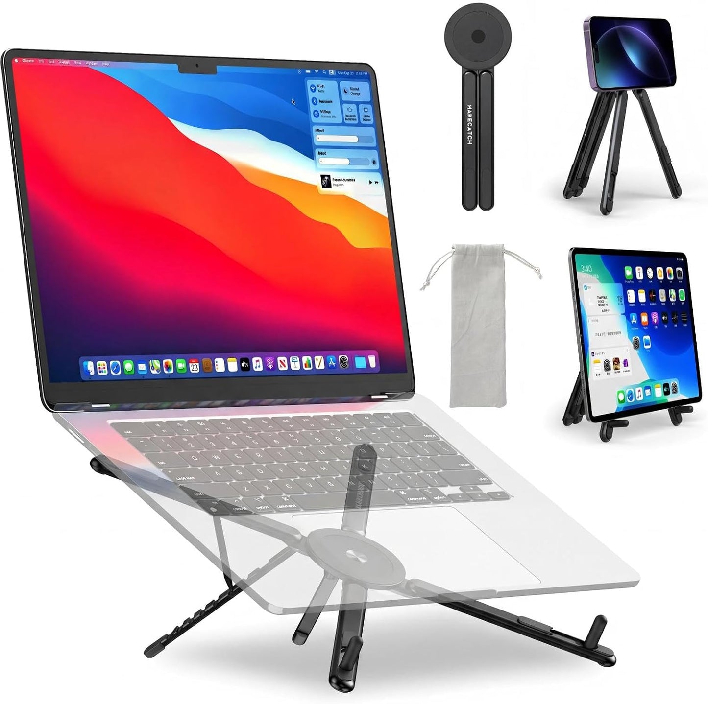 makecatch Adjustable Laptop Stand for Desk with Magnetic Phone Holder, MagSafe Compatible Portable Foldable Computer