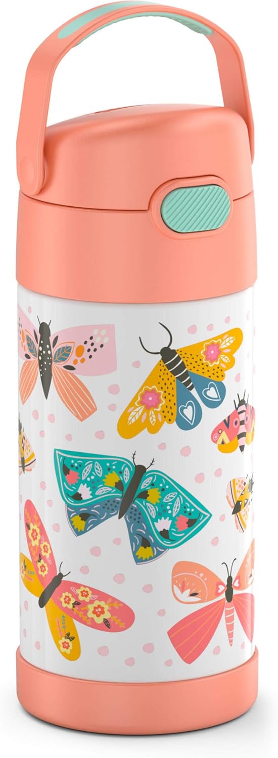 THERMOS FUNTAINER F4101 Stainless Steel Kids Bottle - 12 Ounce, Butterfly Design for Easy Hydration