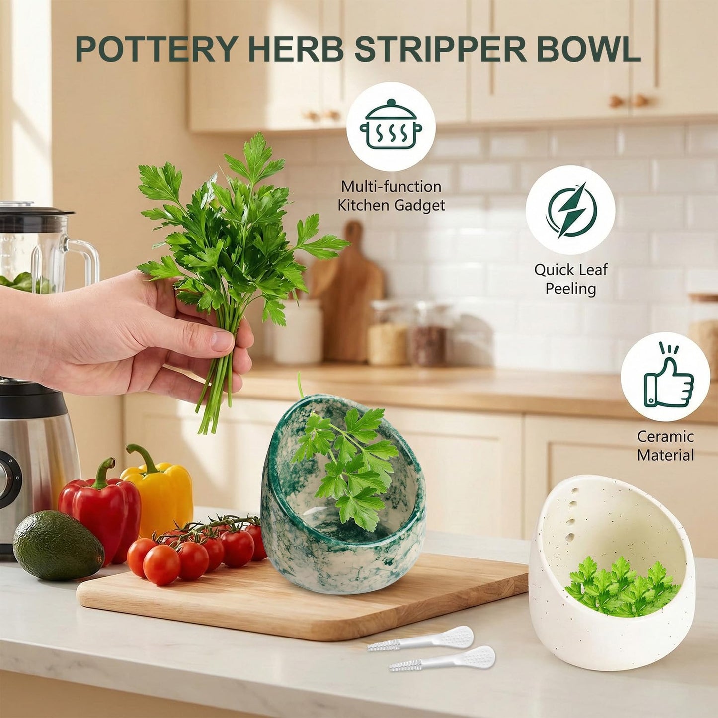 Quuztao 2PCS Pottery Herb Stripper Bowl, Multi Size Holes Handmade Herb Stripping Bowl Ceramic Durable Tool for Separating Leaves and Stems