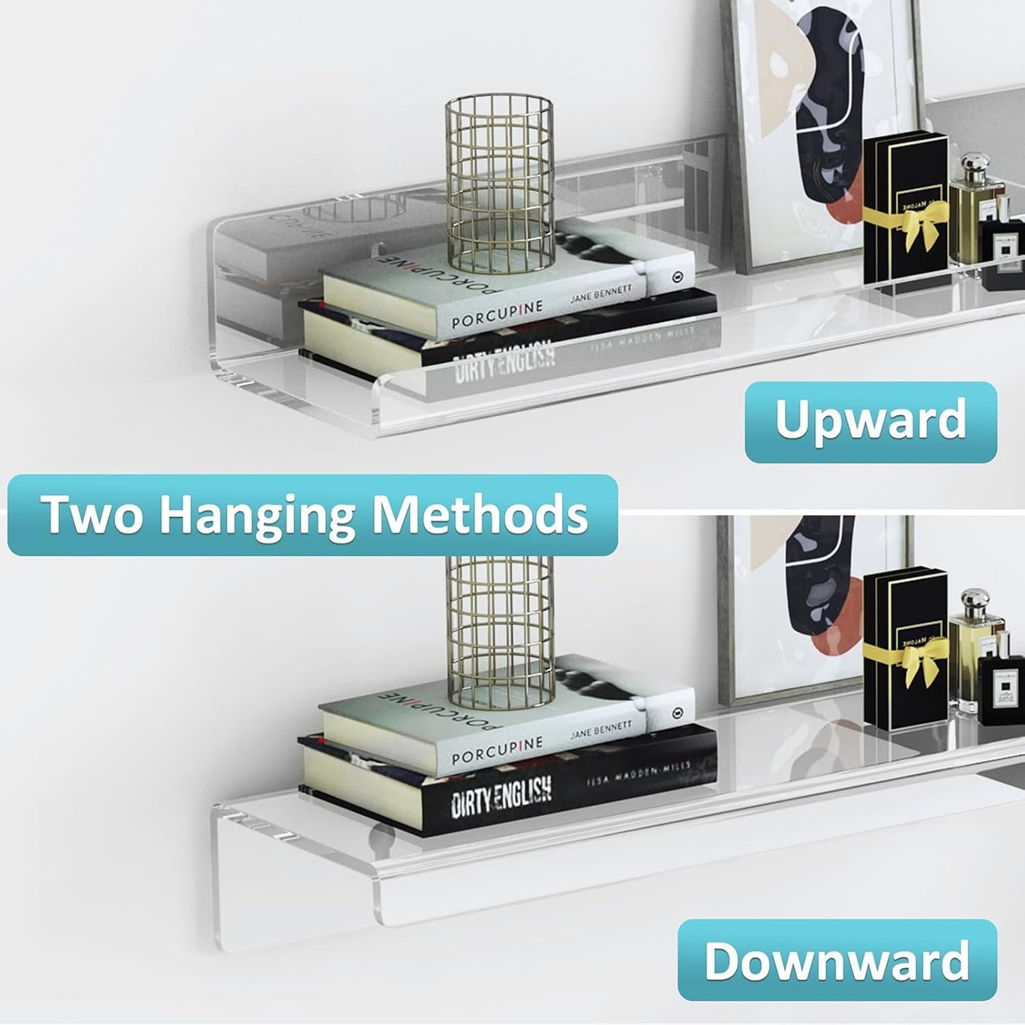 Albumgit 4 Pack Acrylic Wall Shelves - Self-Adhesive 15" Clear Floating Shelf for Home Organization