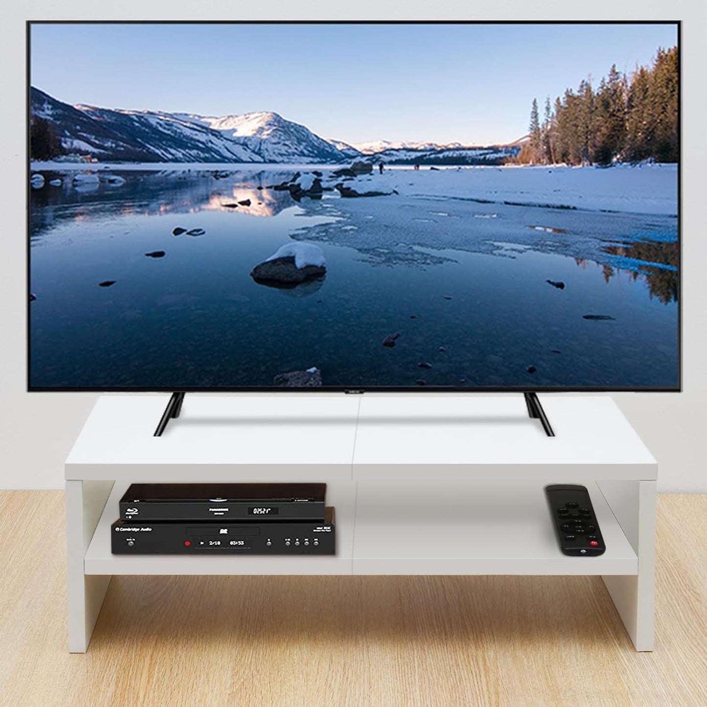 2 TEAMIX Tier White Monitor Riser Stand, Wood Desktop Stand with storage for Laptop/PC/Printer/Keyboard, TV Stand Shelf