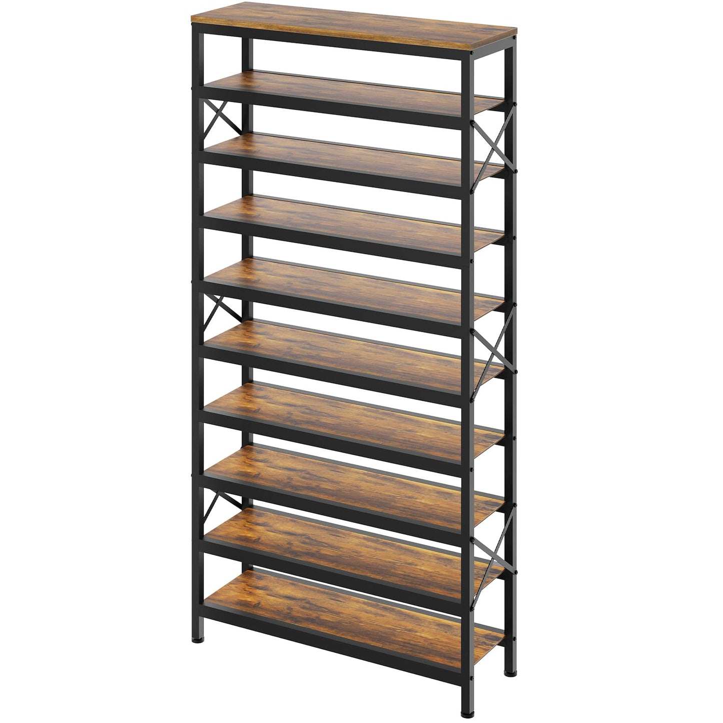 YATINEY 10-Tier Tall Shoe Rack and 12-Tier Tall Shoe Rack Organizer, Wooden Shoe Storage for Closet Holds 48 Pairs, Sturdy Shoe Shelf with X-Shaped Metal Support, for Entryway SS210BR-SS212WW