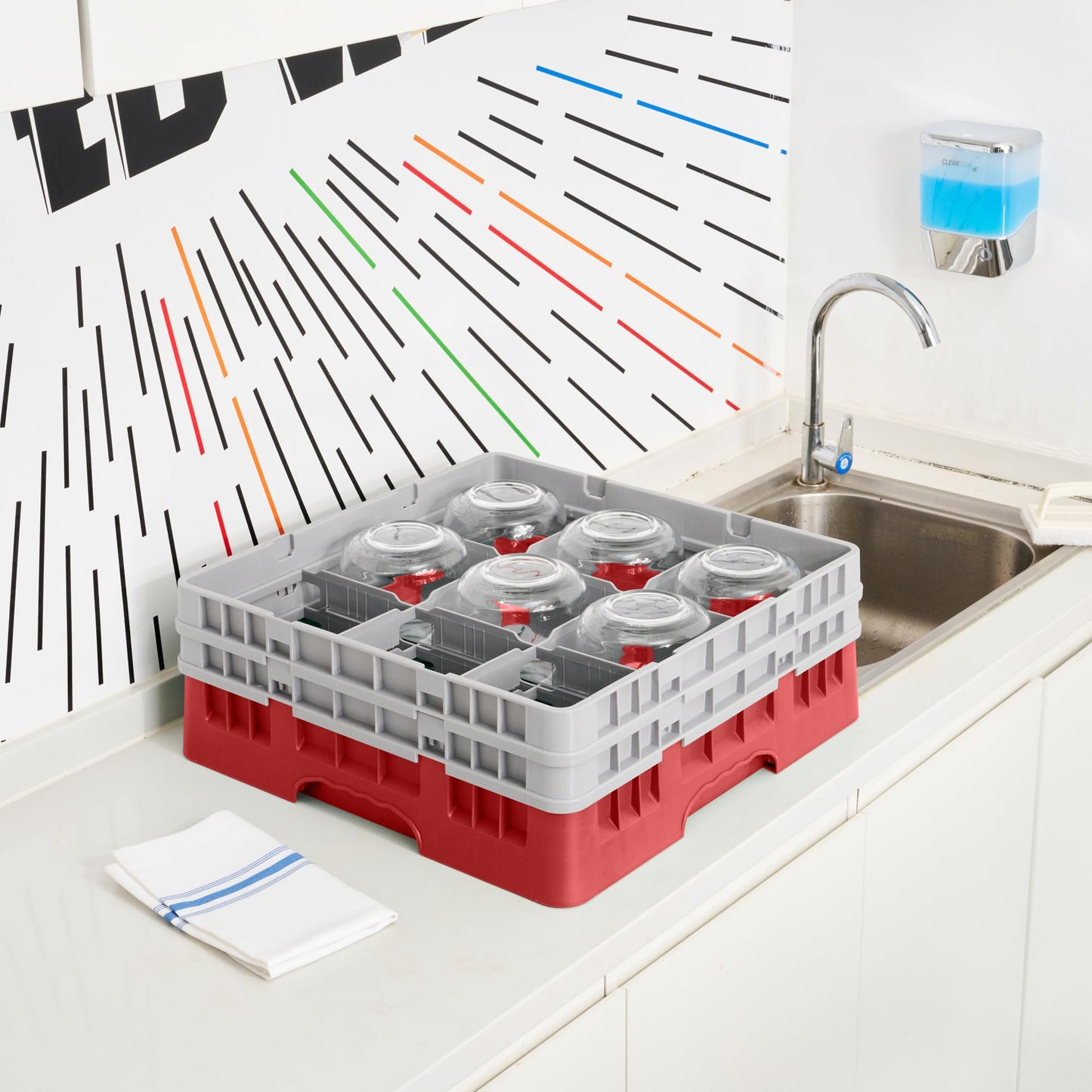 Restaurantware Clean Tek Professional 9 Compartment Glass Rack,1 Heavy Duty Durable Tray, With 1 Full Drop Extender and 1 Half Drop Extender, Red Glass Holder For Restaurants, Bars, and Pubs