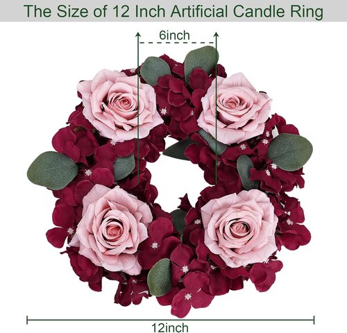 Artificial Flower Candle Rings - 6-Inch Rose Floral Wreaths with Butterflies for Wedding Centerpieces | Burgundy & Dusty Pink