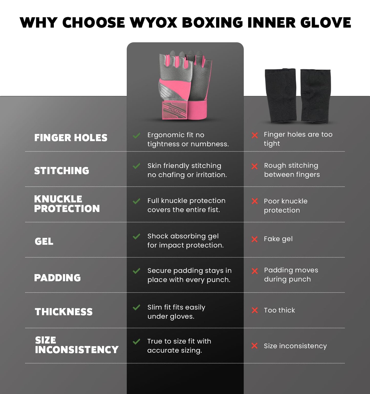 WYOX Gel Boxing Hand Wraps Inner Gloves for Men & Women, 80cm Quick Wrist Straps, Padded Knuckle Protection for Muay Thai Kickboxing, Hand Wraps for Boxing & Martial Arts (Pink & Grey, L/XL)