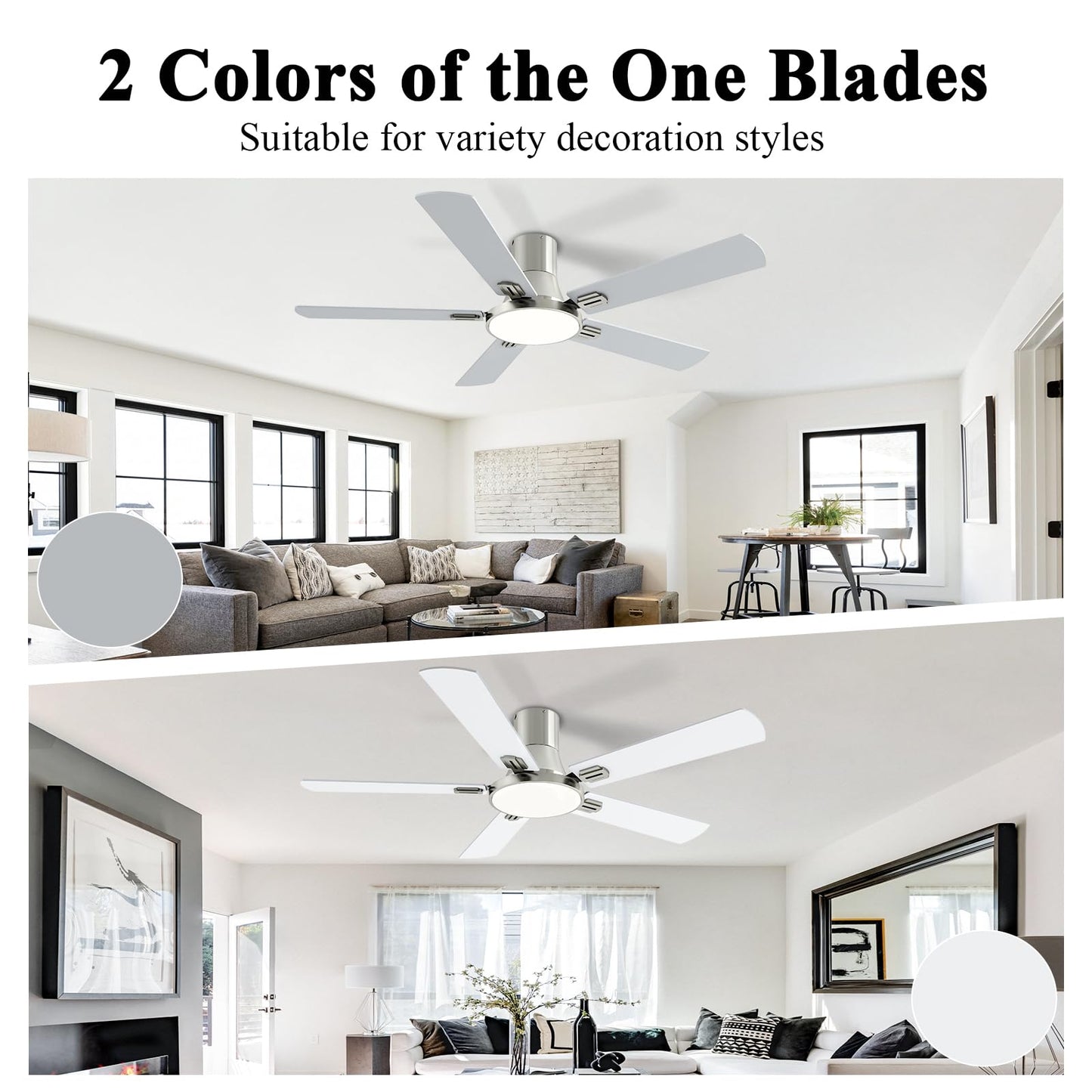 SNJ 52 Inch Brushed Nickel Ceiling Fans with Lights and Remote,Flush Mount Low Profile 5 Blades Ceiling Fan,Dimmable Quiet Reversible DC Motor for,Living Room,Bedroom and Patio