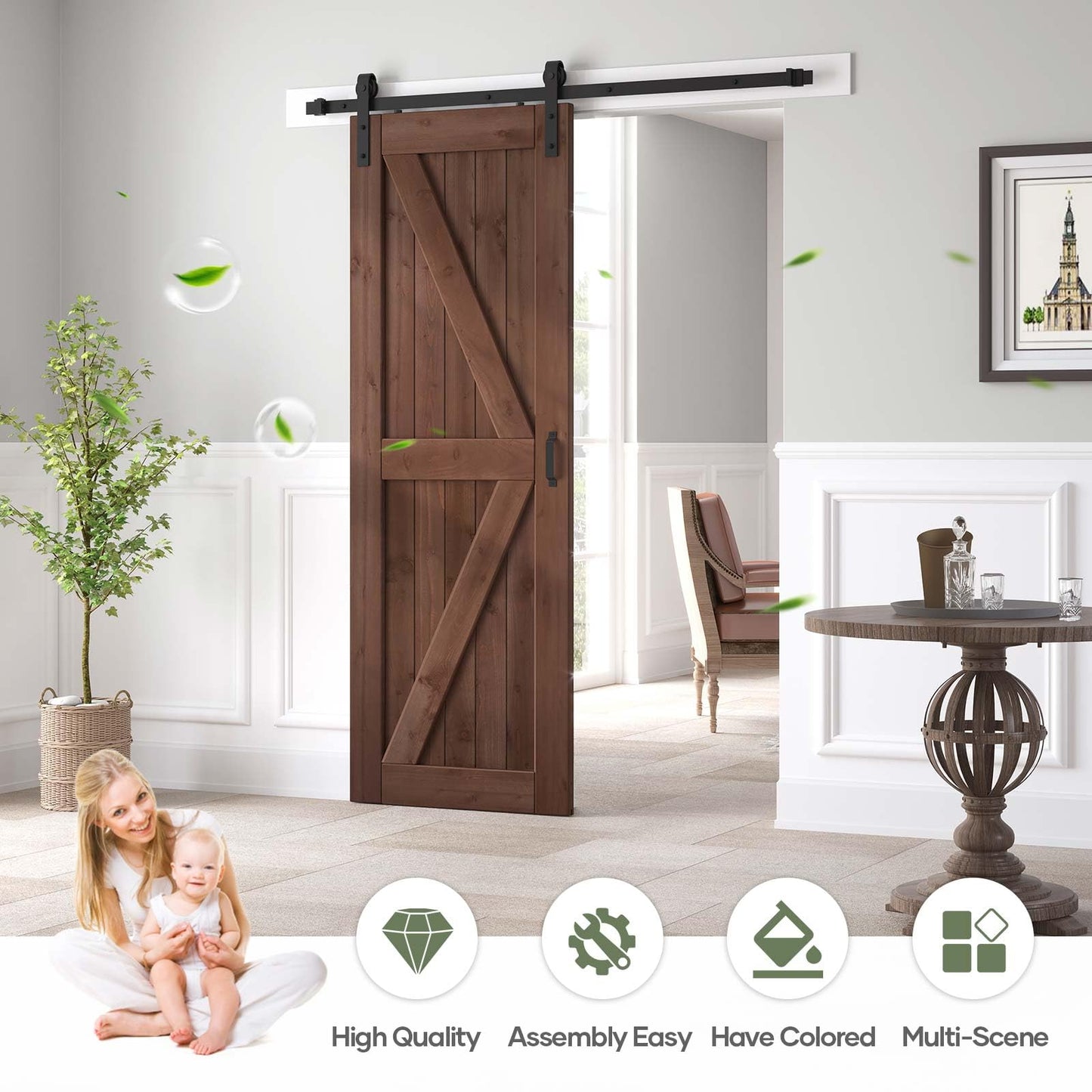 ROYMELO 32x84 inch Sliding Barn Wood Door Slab with 5.5ft Hardware Kit and Handle, Coffee, K Shape, Simple DIY Assembly