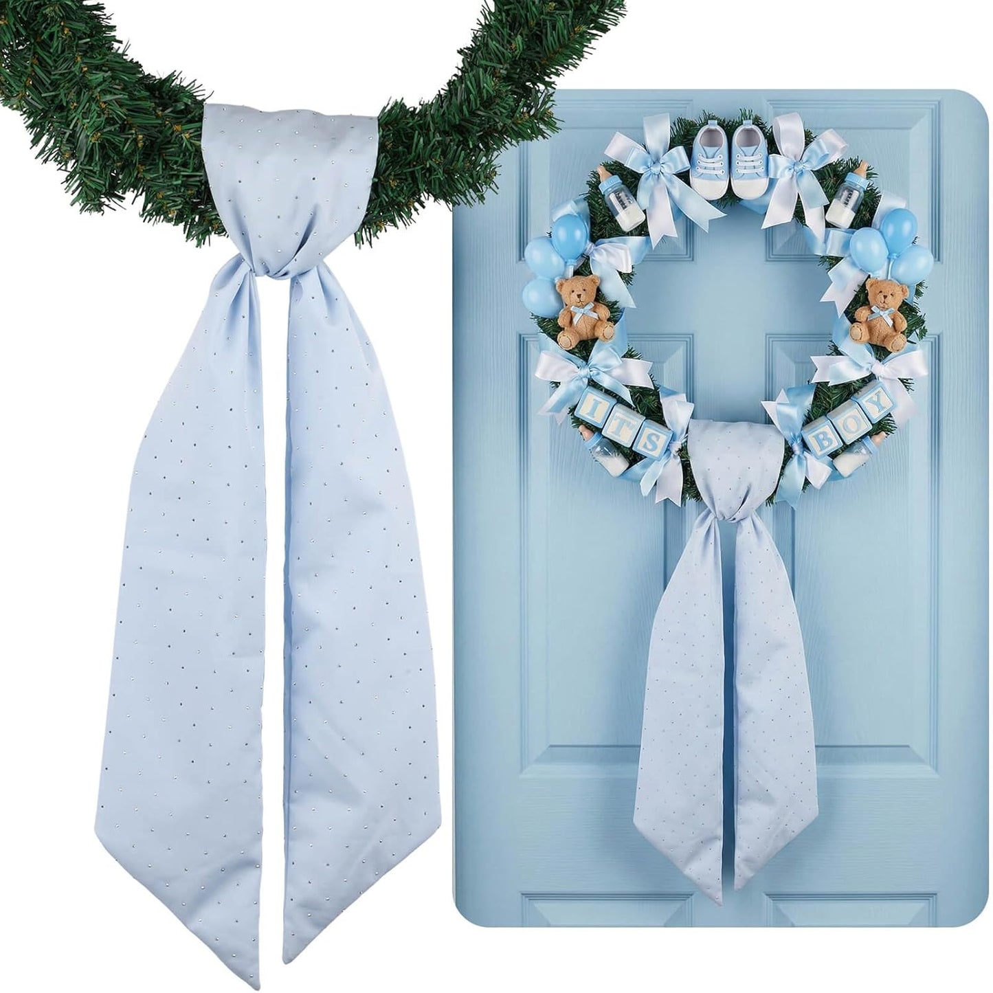 YKW Baby Blue Rhinestone Wreath Sash - 54x5 Inch Sparkle Ribbon for Christmas & Wedding Decor