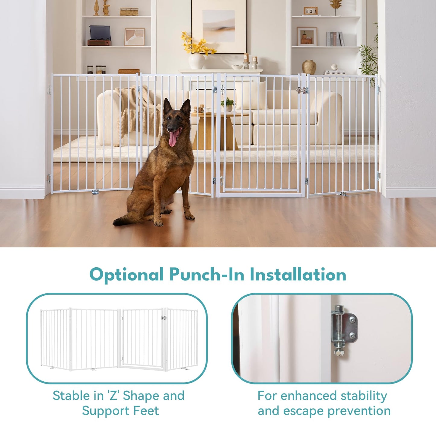 No Pawblems Free Standing Dog Gate with Door, 36'' Tall Foldable Dog Fence for Indoor & Outdoor, Up to 104 Inch Extra Wide Puppy Gate for Stairs, Hallways, Doorways, Deck, Yard (White, 4 Panels)