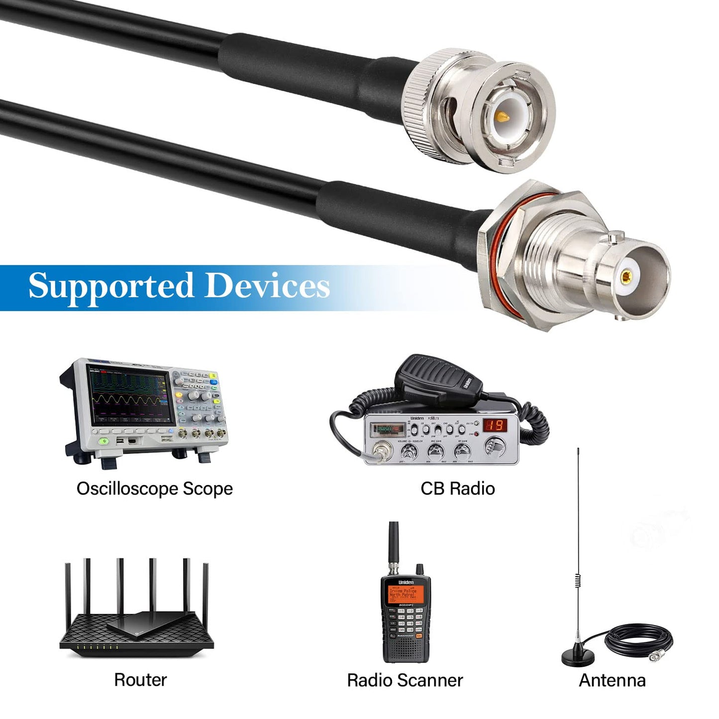 20FT RG58 50 MOOKEERF BNC Cable - ohm Male to Female Coax Bulkhead Low Loss Antenna Extension for CB Radio, VHF Ham