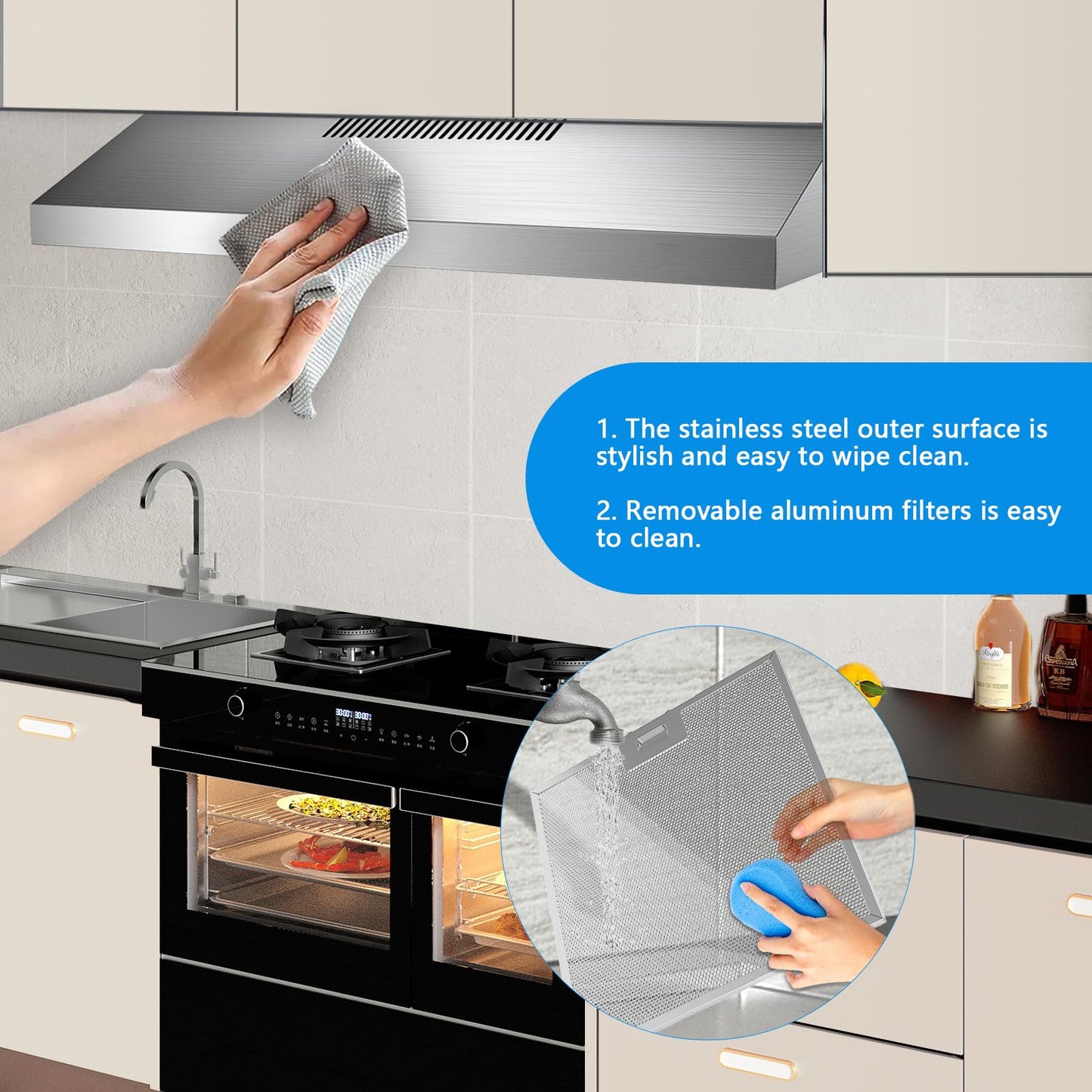 Upgraded 600 CFM Range Hood 36 Inch, Under Cabinet Range Hood for Duct/Ductless Convertible, Stainless Steel Kitchen Stove Vent with 3 Speed Kitchen Exhaust Fan and Two Bright Energy-Saving LED Light
