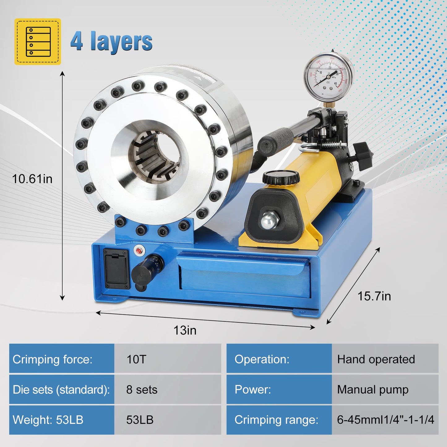 High Pressure Hydraulic Hose Line Crimping Tool With 8 Dies, Hydraulic Line Crimping Tool For Most Braided Hose Diameters 0.24” - 1.7”