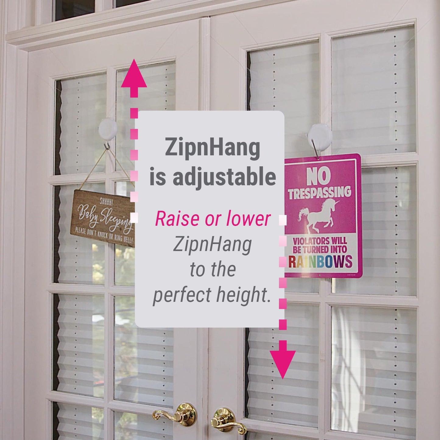 Zip 'n Hang Wreath Hanger for Front Door – Damage Free Adjustable Door Wreath Hanger for Glass, Screen & Standard Doors, Christmas Wreath & Decor Hook (White - 1 Pack)