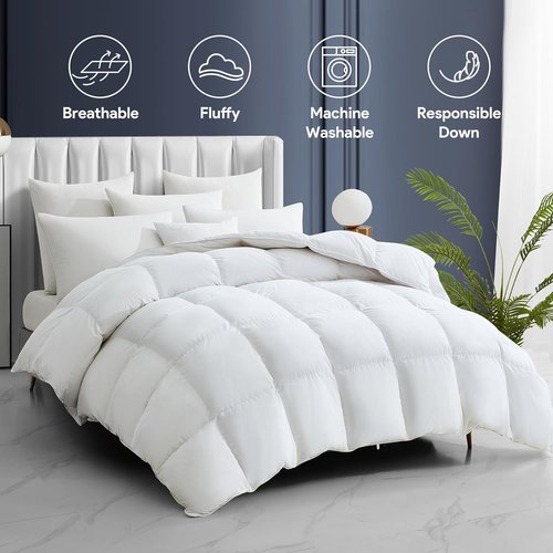 Maple&Stone Queen Size Feather Down Comforter - Ultra Soft 100% Cotton Cover | All Season Fluffy Duvet Insert 90 x 90 Inches