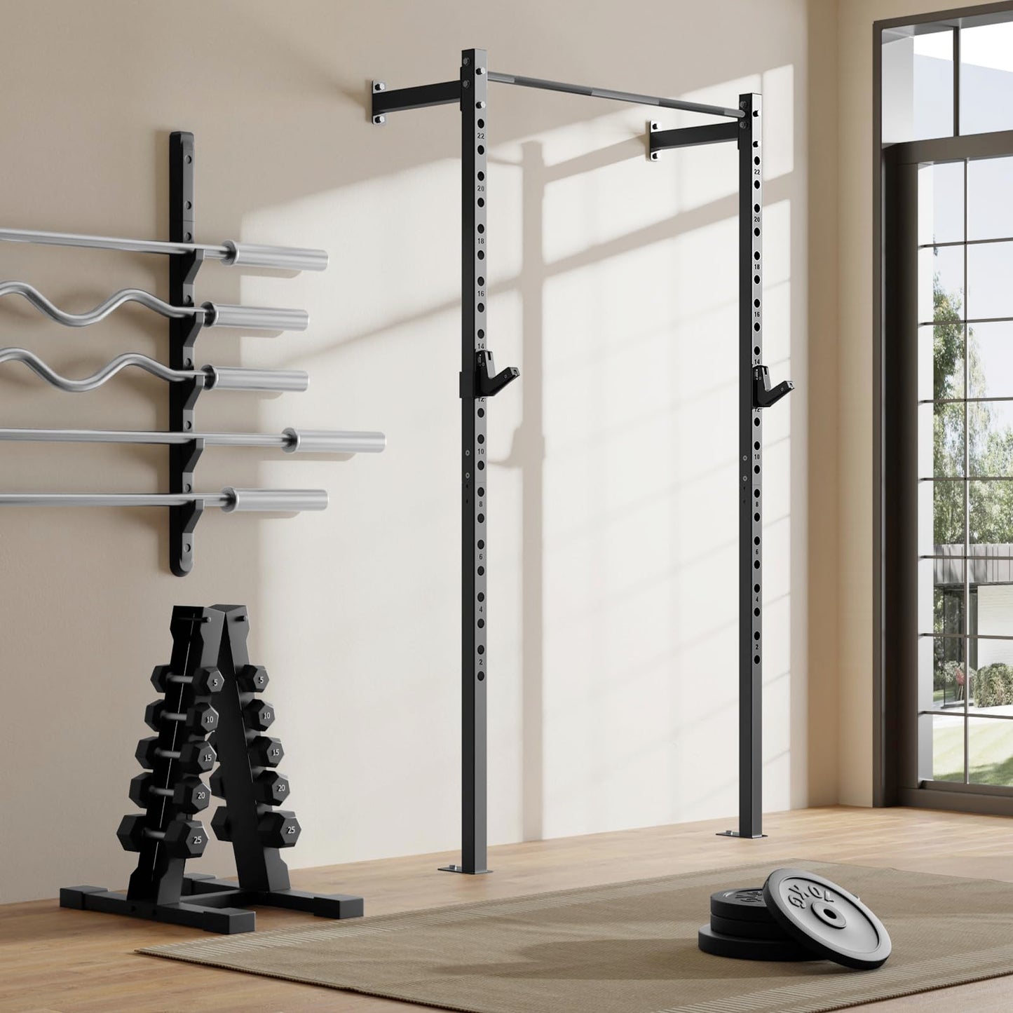 SPORTSOUL Wall Mounted Half Rack, 900lbs Squat Rack with Pull Up Bar for Home Gym, Space-Saving 2"x2" Pull-Up Station with Adjustable J-Hooks for Garage & Apartment (Black)