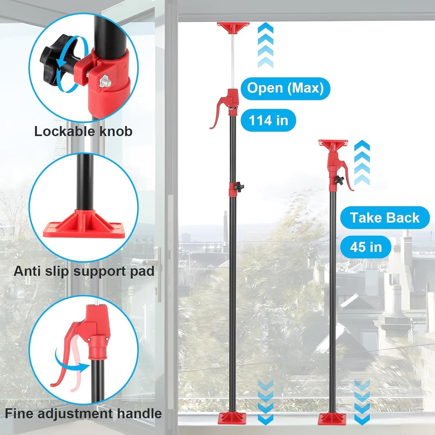 4 Pack Cabinet Jack Support Pole, 45"-114" Telescopic Cabinet Support Pole, Adjustable 3rd Hand Support Pole with 154 Lbs Load Capacity for Installing Cabinet, Lifting Drywall, Cargo Bars