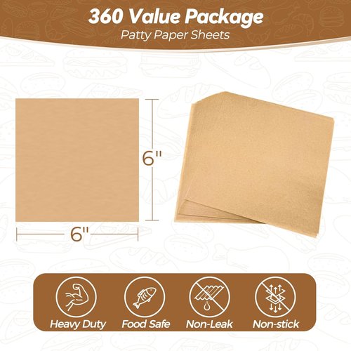 Heavy Duty Patty Paper Sheets by [Brand Name] - 360 Count Unbleached No-Stick & No-Leak 6"x6" Squares