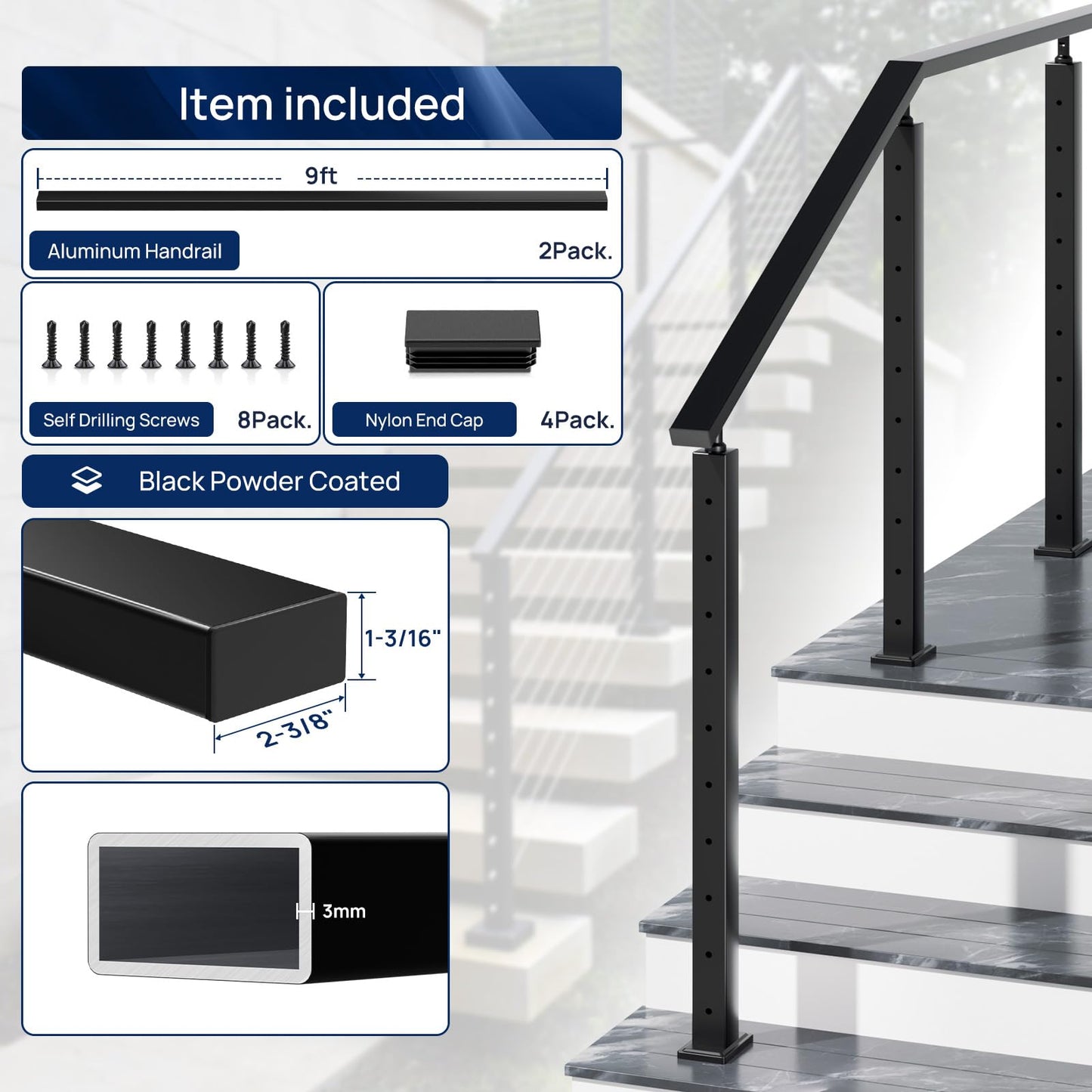 2 Pack 9FTx 2-3/8"x1-3/16 Aluminum Black Handrail with Self Drilling Screws Nylon End Caps, AAMA 2604 Coating, 3mm Thick Flat Handrail Cuttable Top Rail for Deck Stair Railing Indoor Outdoor