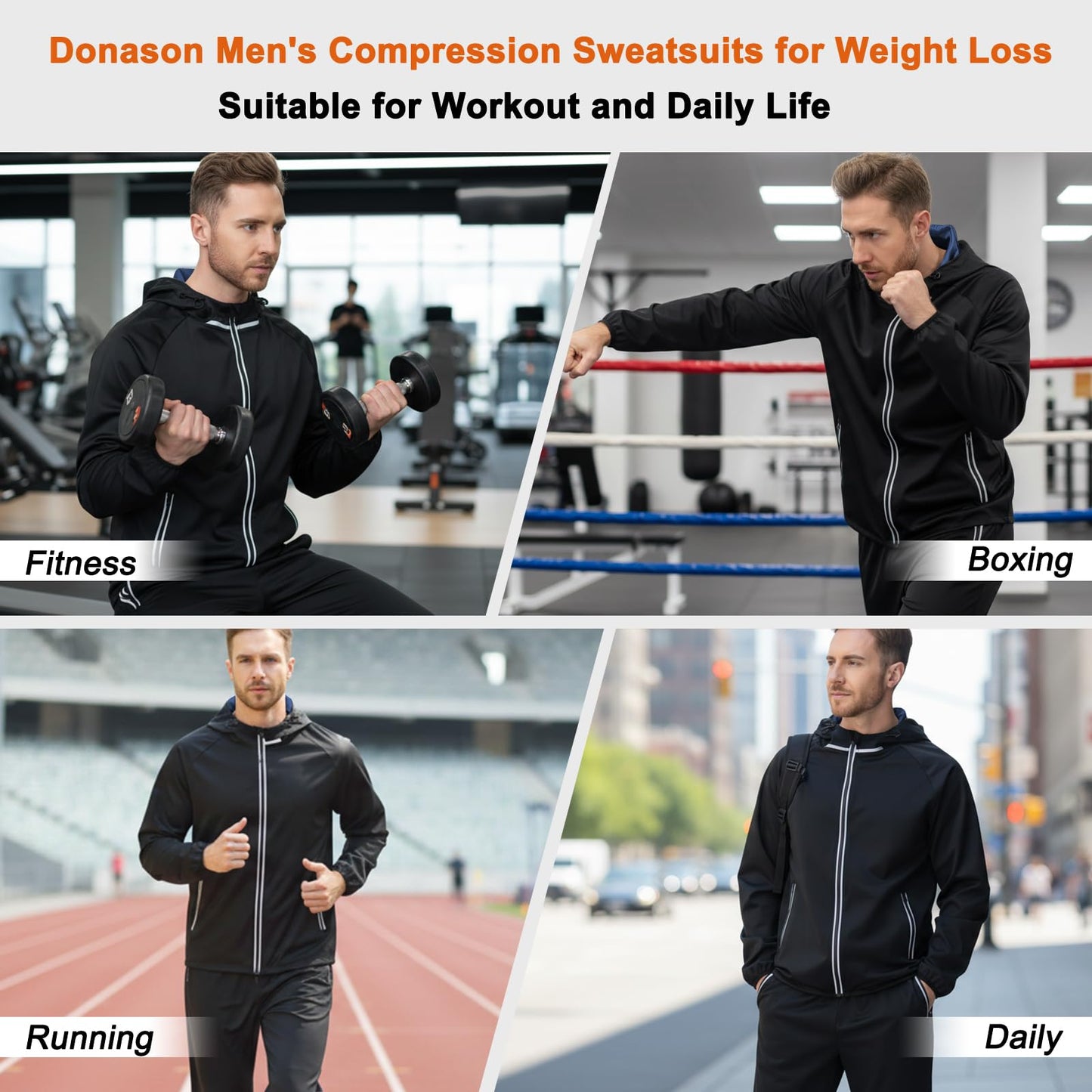 Donason Men's Sauna Suit Full Body Sweat Suit with Hood for Weight Loss Durable Sauna Jacket Pants for Gym Workout Body Shaper Heat-Trapping Fitness Shapeweasr Long Sleeve Tracksuit Zipper Top Bottom