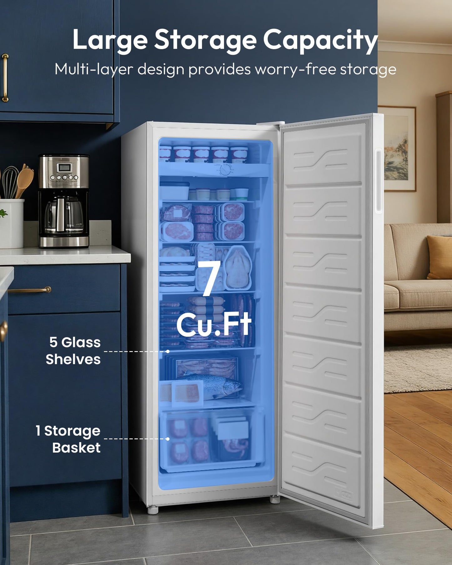 ICEVIVAL 7.5 Cu.Ft Upright Freezer, Convertible Stand Up Freezer or Refrigerator, Large Capacity with 5 Adjustable Shelves & Reversible Door,Upright Fridge for Home, Garage, Apartment