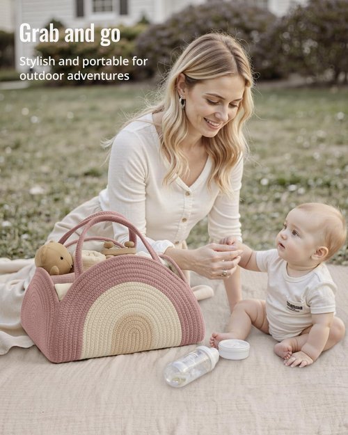Blissful Diary Baby Diaper Caddy Organizer - Large Cotton Rope Storage Basket for Newborns | Blush Rainbow