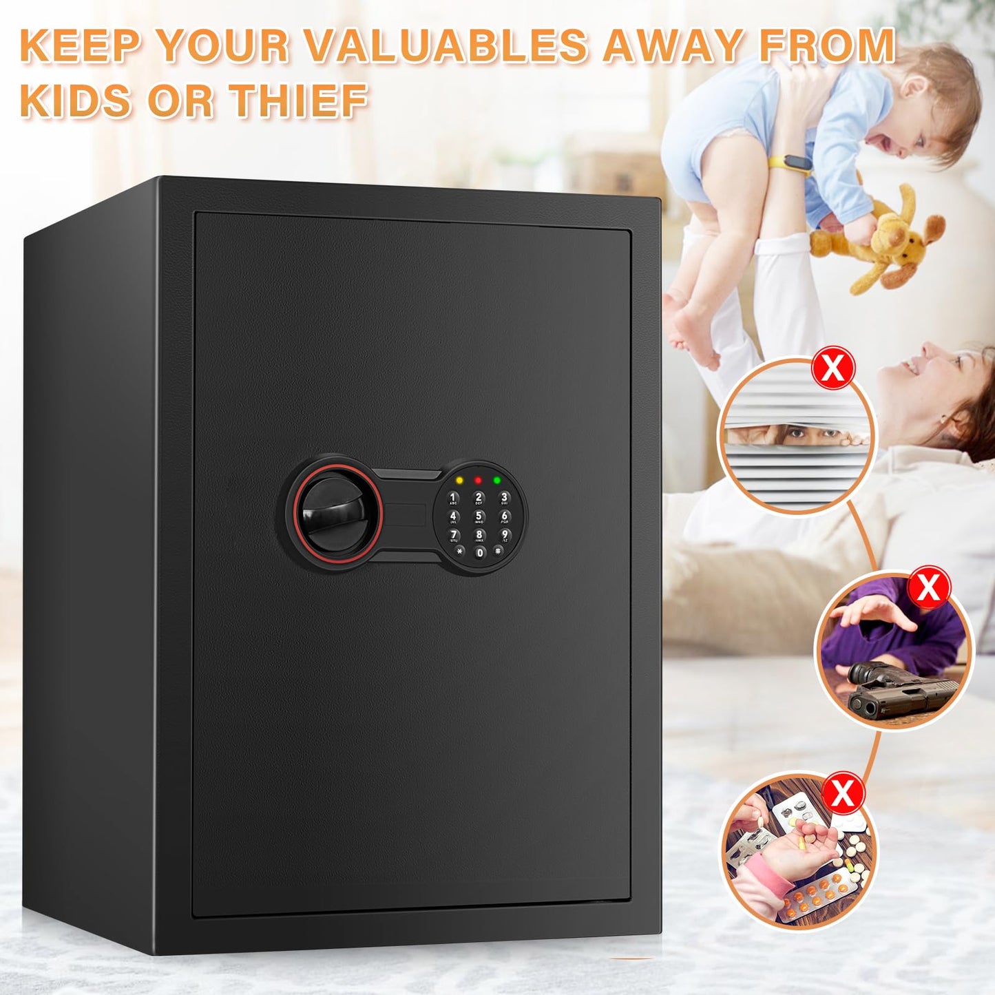 [19.7" Tall] Large Home Safe Box, Anti-theft Safes with Dual Alarm System, Digital Keypad and Spare Keys, Wall/Floor Mountable, Fire Proof Safe for Home Money Firearm Documents Medicines