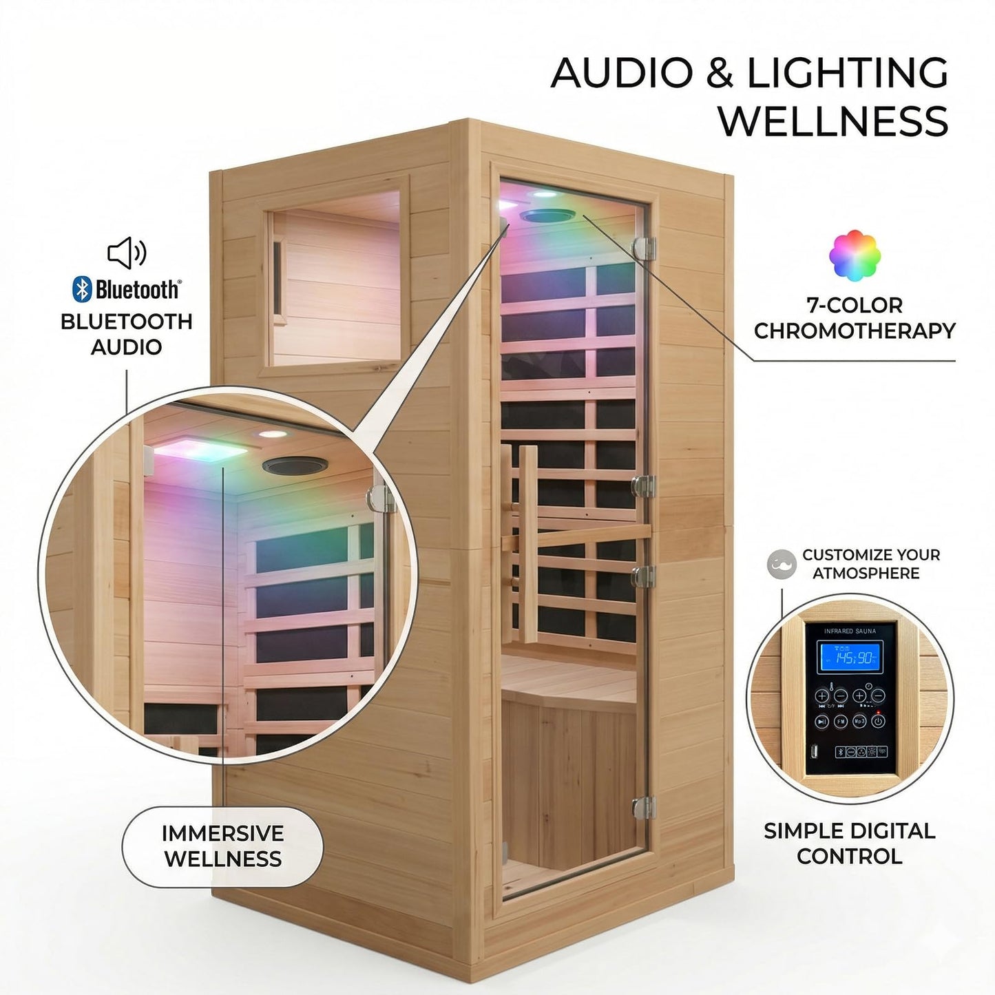 DWKWE 1 Person Low EMF Far Infrared Sauna, Natural Spruce Wood Compact Home Sauna, 1200W 110V, Bluetooth & Reading Light, 6mm Tempered Glass, Small Space Personal Sauna