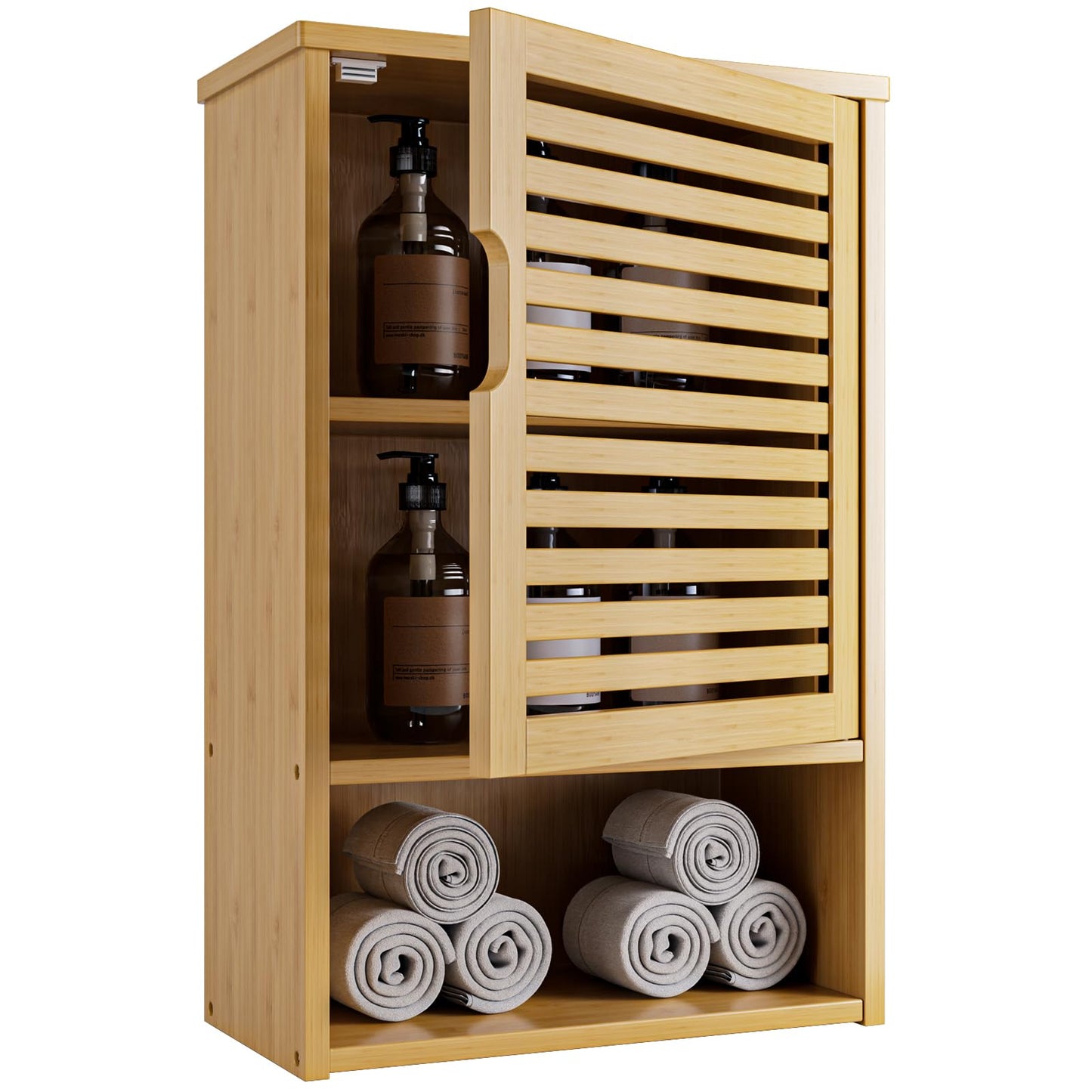 HITNET Bathroom Wall Cabinet, Medicine Cabinet Over the Toilet, Bamboo Hanging Storage Organizer with Single Door and Open Bottom Shelf, for Kitchen Living Room, Natural