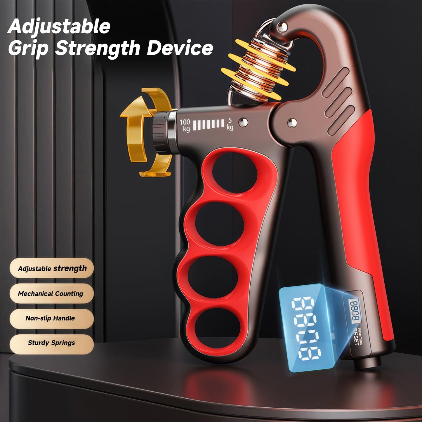HSEONEJIA 2PCS Adjustable Hand Grip Strengthener (11-220LB) - Automatic Counter Hand Wrist Forearm Exerciser, Grip Strength Trainer for Athletes, Musicians, Injury Recovery & Physical Therapy (Red)