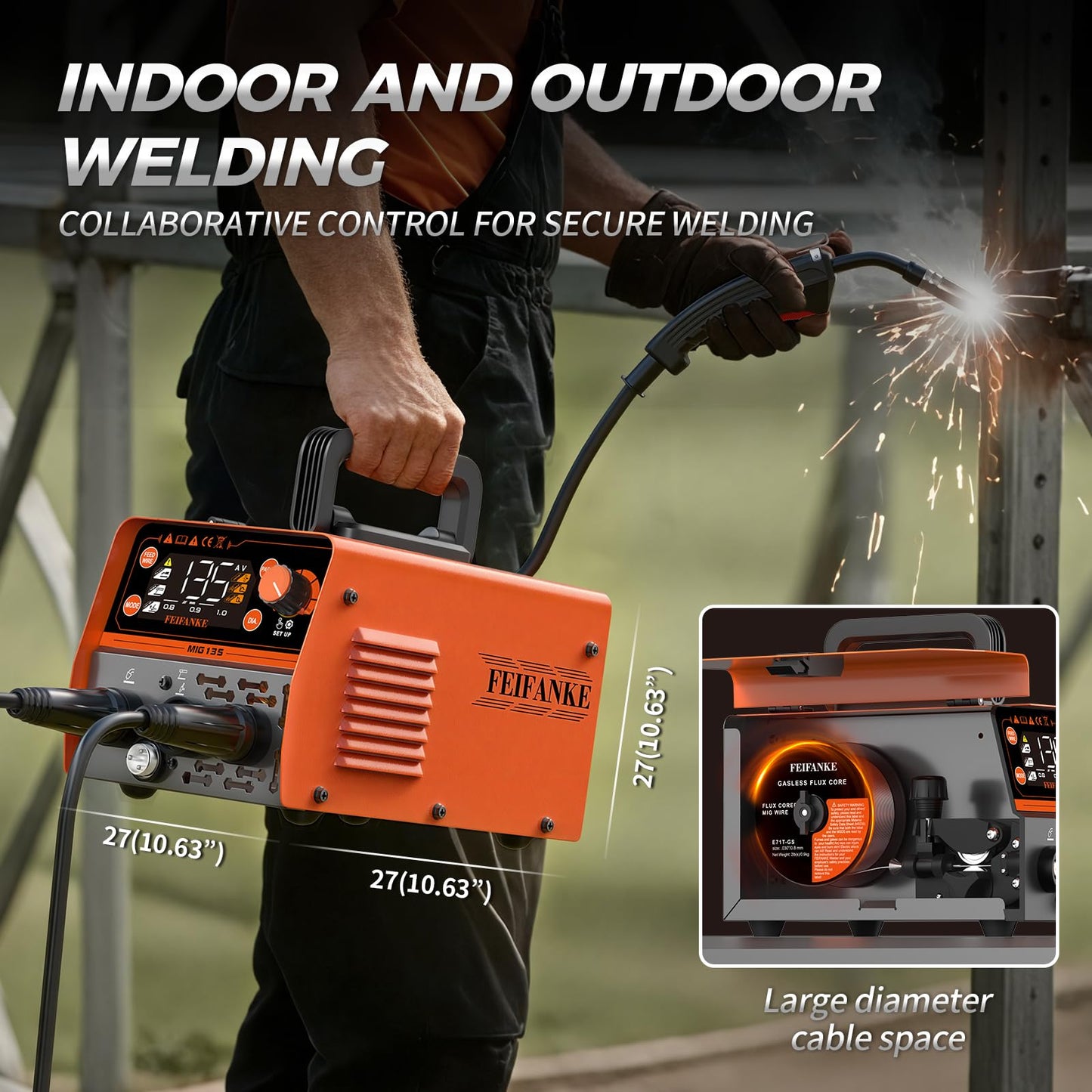 FEIFANKE 135A Flux Core MIG Welder 110V, 4-in-1 Synergic Gasless MIG/Stainless Flux MIG/Stick/Lift TIG for Sheet Metal, Portable IGBT Inverter with Large LED Display for Beginners & Professionals