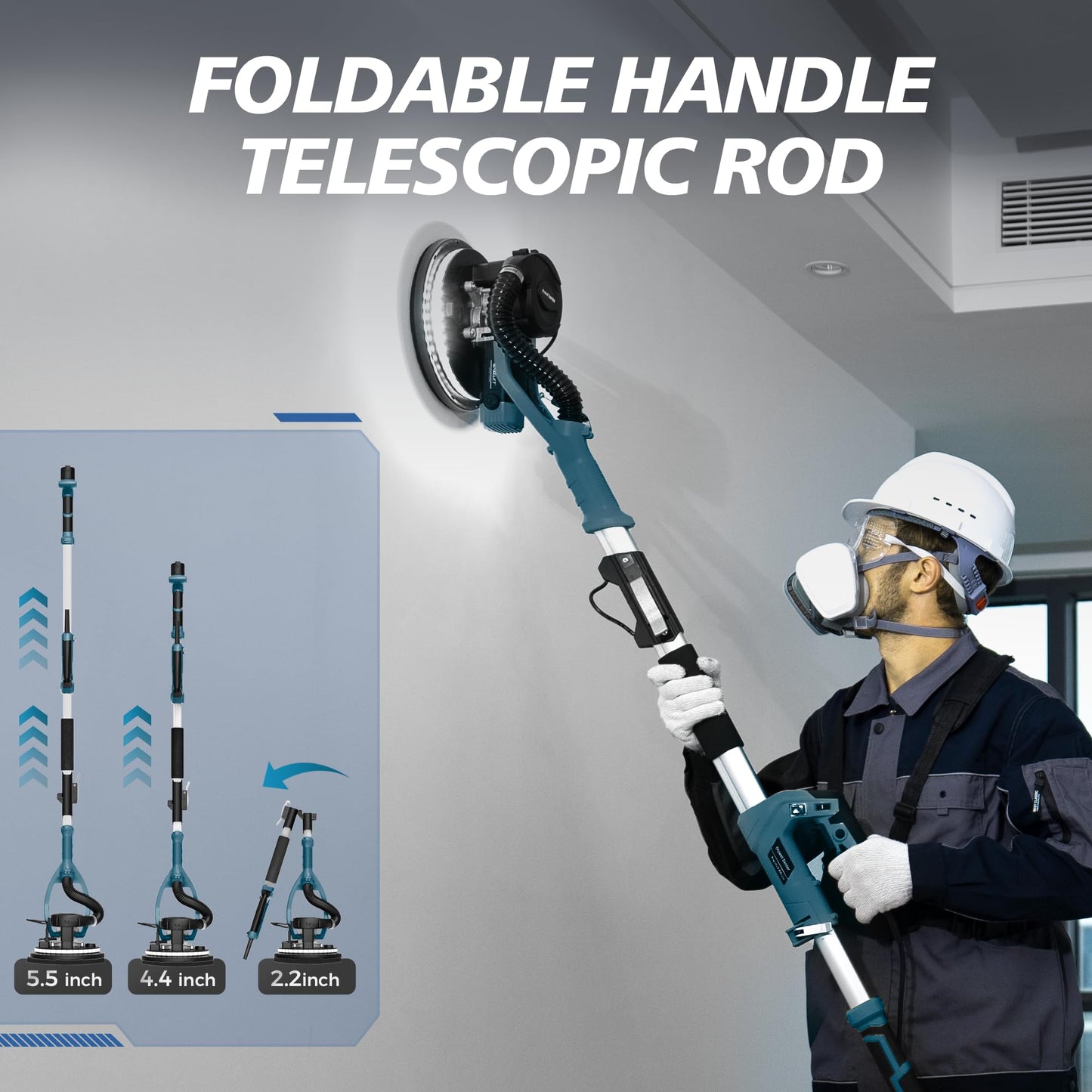 MAKELIFT Drywall Sander with Vacuum Dust Collector, 880W 7.33A Popcorn Ceiling Removal Tool, LED Light, 5 Variable Speed 1000-2100RPM, Foldable & Extendable Handle, 12 Sanding Discs