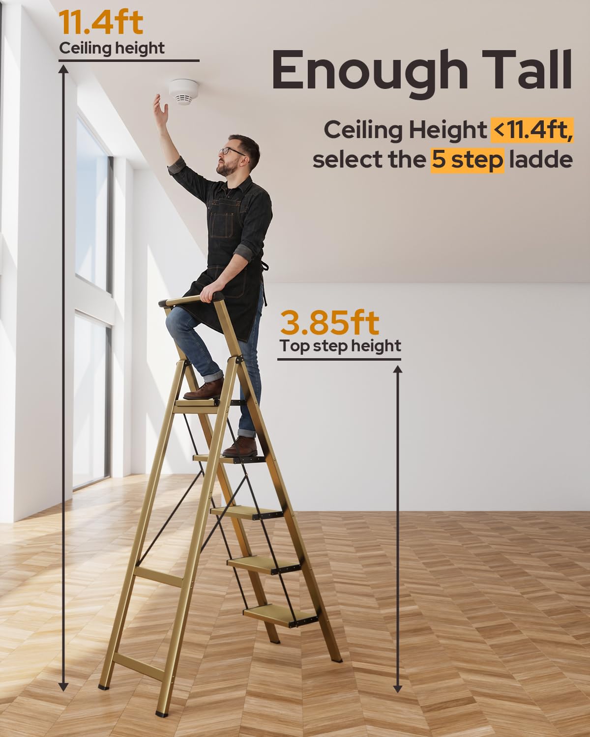 GameGem 5 Step Ladder for 10 Feet High Ceiling, Lightweight Aluminum Folding Step Stool with Convenient Handgrip, Stepladders with Anti-Slip and Wide Pedal for Home Use Space Saving - Gold