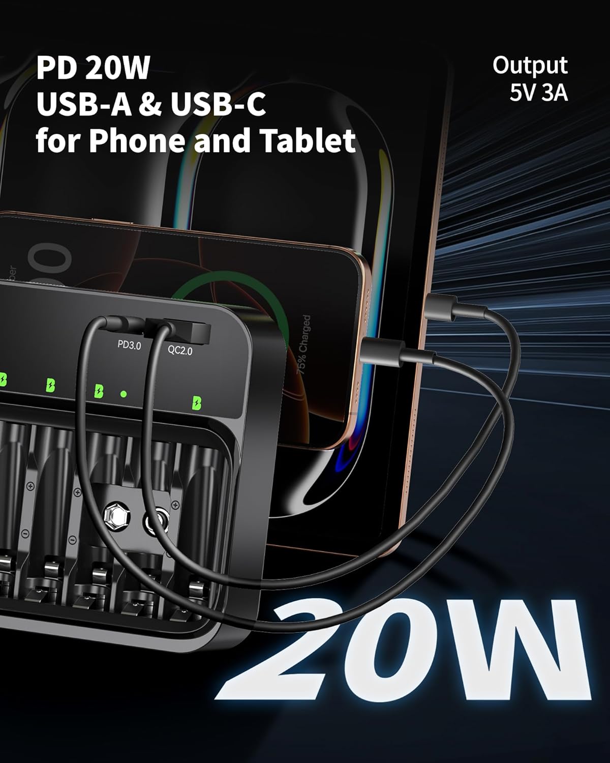 EBL 20W 9V PD3.0 PD AA AAA Battery Charger for NiMH NiCD Rechargeable Battery| USB C & Micro USB