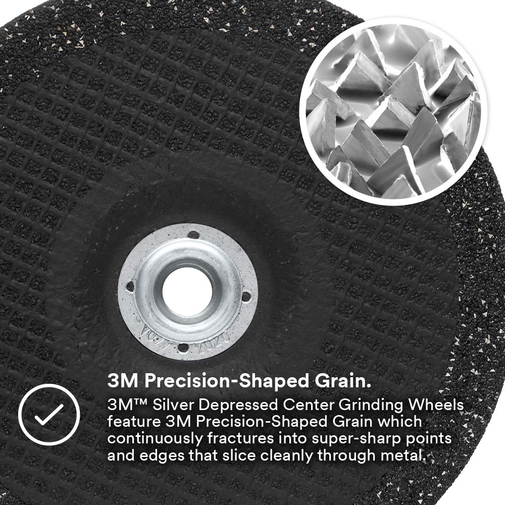 3M Silver Depressed Center Grinding Wheel, 87448, T27 Quick Change, 7 in x 1/4 in x 5/8 in-11, Pack of 10, Deburring Edges, Heavy Stock Removal, Stainless Steel, Mild Steel, Right Angle Grinding