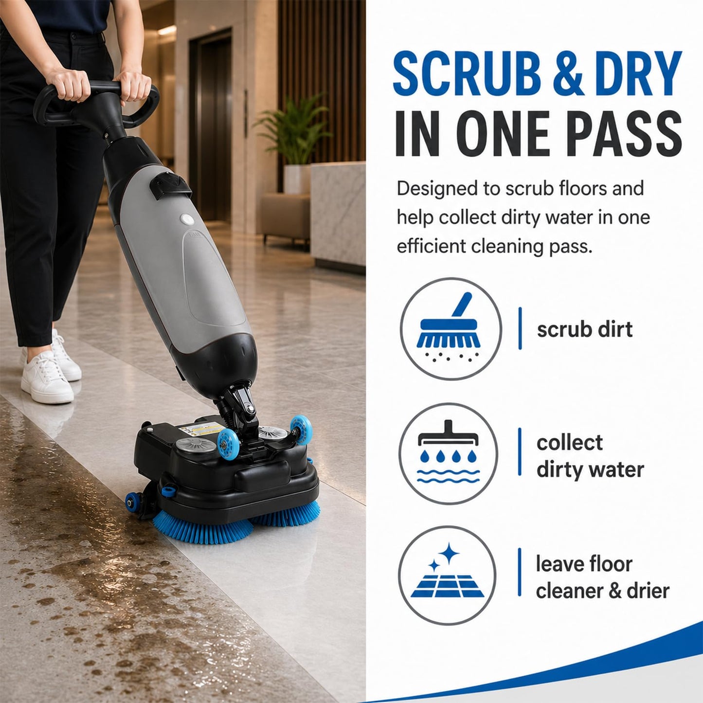 Commercial Floor Scrubber Machine, Compact Battery Powered Walk-Behind Floor Cleaner with Squeegee, Mini Floor Scrubber for Office, Salon, Restaurant & Small Spaces