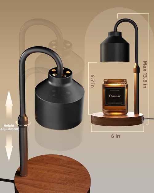 LISUNAR Electric Candle Warmer Lamp - Adjustable Height with Timer & 2 Bulbs | Black Wax Warmer for Jar Candles
