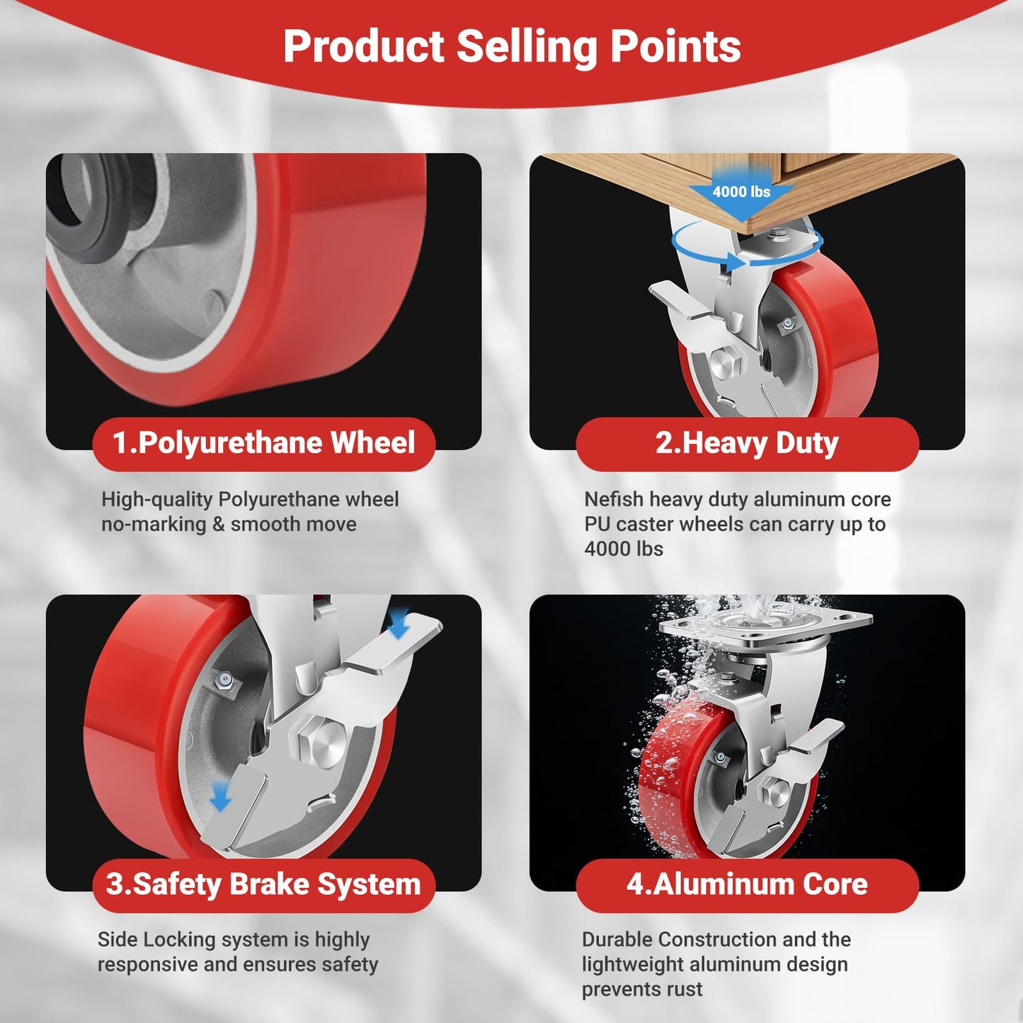 Nefish 5 Inch Industrial Grade Casters Wheels, Heavy Duty Aluminum Core PU Castor Set of 4, Durable Plate Swivel Casters with Brake 4000 LBS, Anti-Corrosion Wheels for Industrial, Equipment