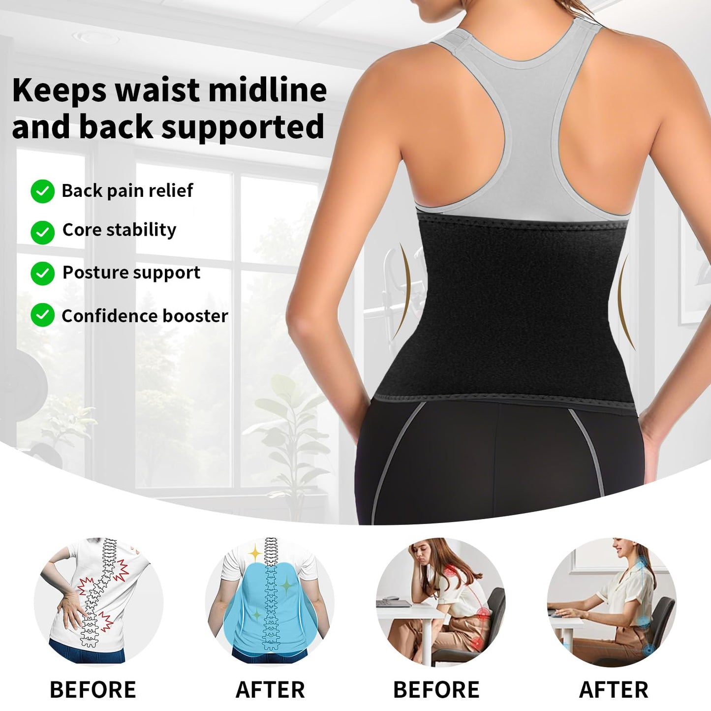LKV Waist Trainer for Women Working Out - Thick Sweat Band & Slimming Sweat Belt - Body Shaper Waist Trimmer for Lower Belly Fat - Black