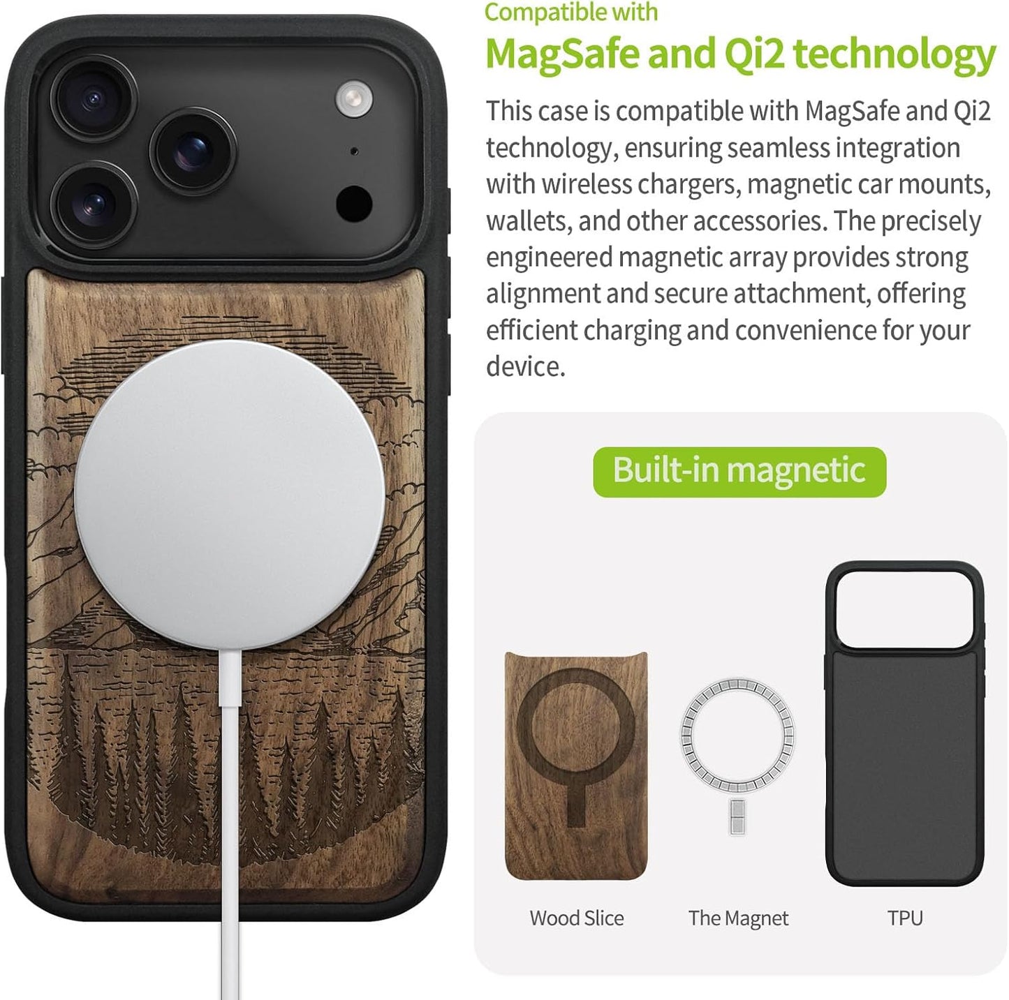 Carveit 17 Magnetic Wooden Case for iPhone Pro Case, Wood Artisan Engraved & Black Soft TPU Shockproof Cover