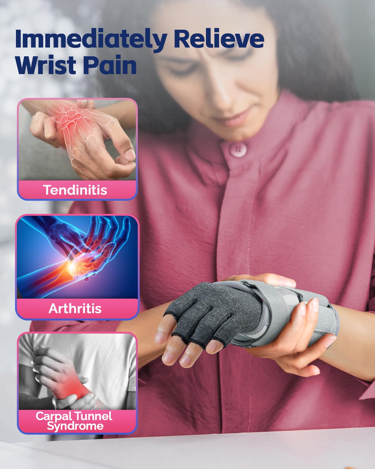 FEATOL Compression Arthritis Glove with Wrist Brace, Comfortable Fingerless Carpal Tunnel Hand Gloves for Women Night Support, Pain Relief for Rheumatoid Arthritis, Work, Typing - Right Hand, Medium