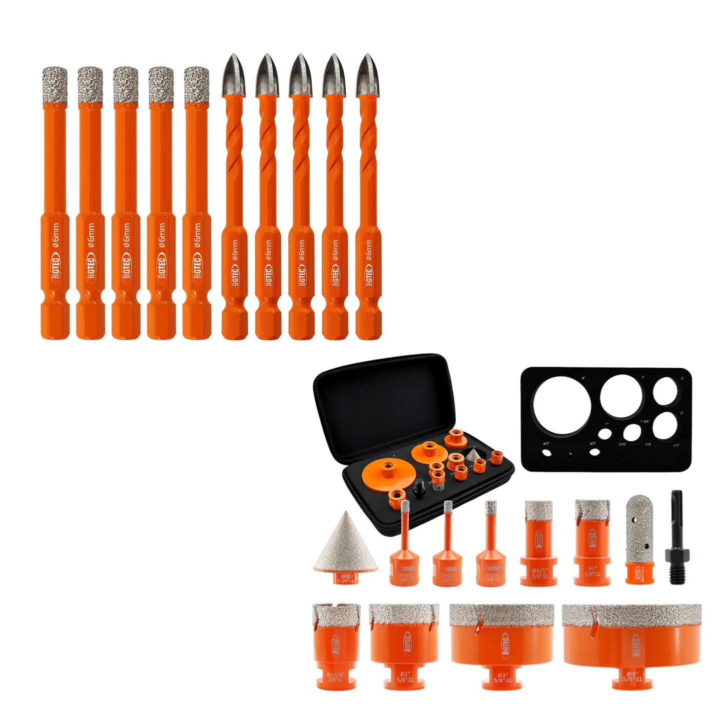 BGTEC Dry Diamond Drill Bits Set 10PCS 6mm and 12pcs 6/6/8/20/25/35/50/75/100mm for Porcelain Tile Marble Granite