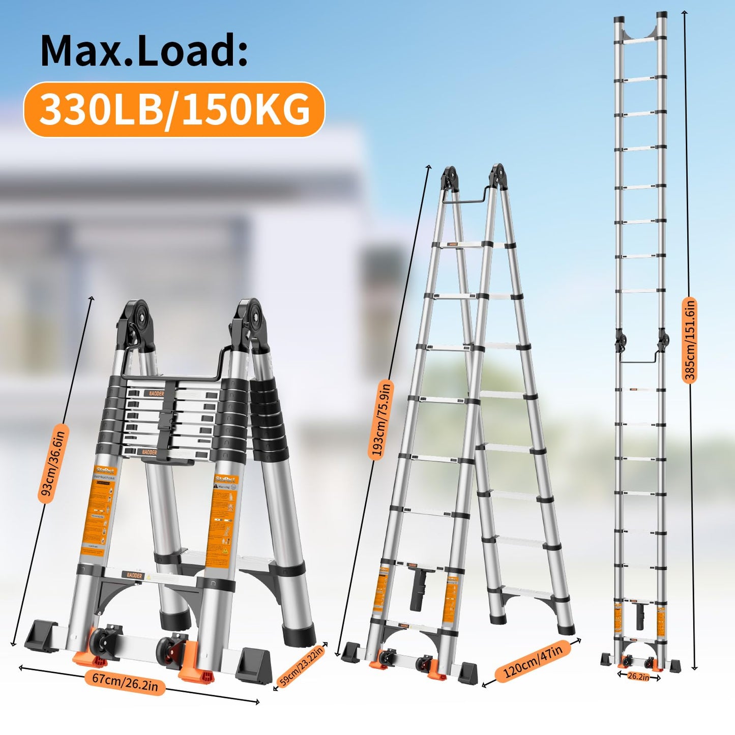Telescoping Ladder A Frame,Telescopic Ladder for Home, Roof, RV，12.5 Ft Aluminum Extension Ladder with Balance Bar,Wheels and 2 Triangle Stabilizers，330 lb Capacity (12.5FT-A Frame)